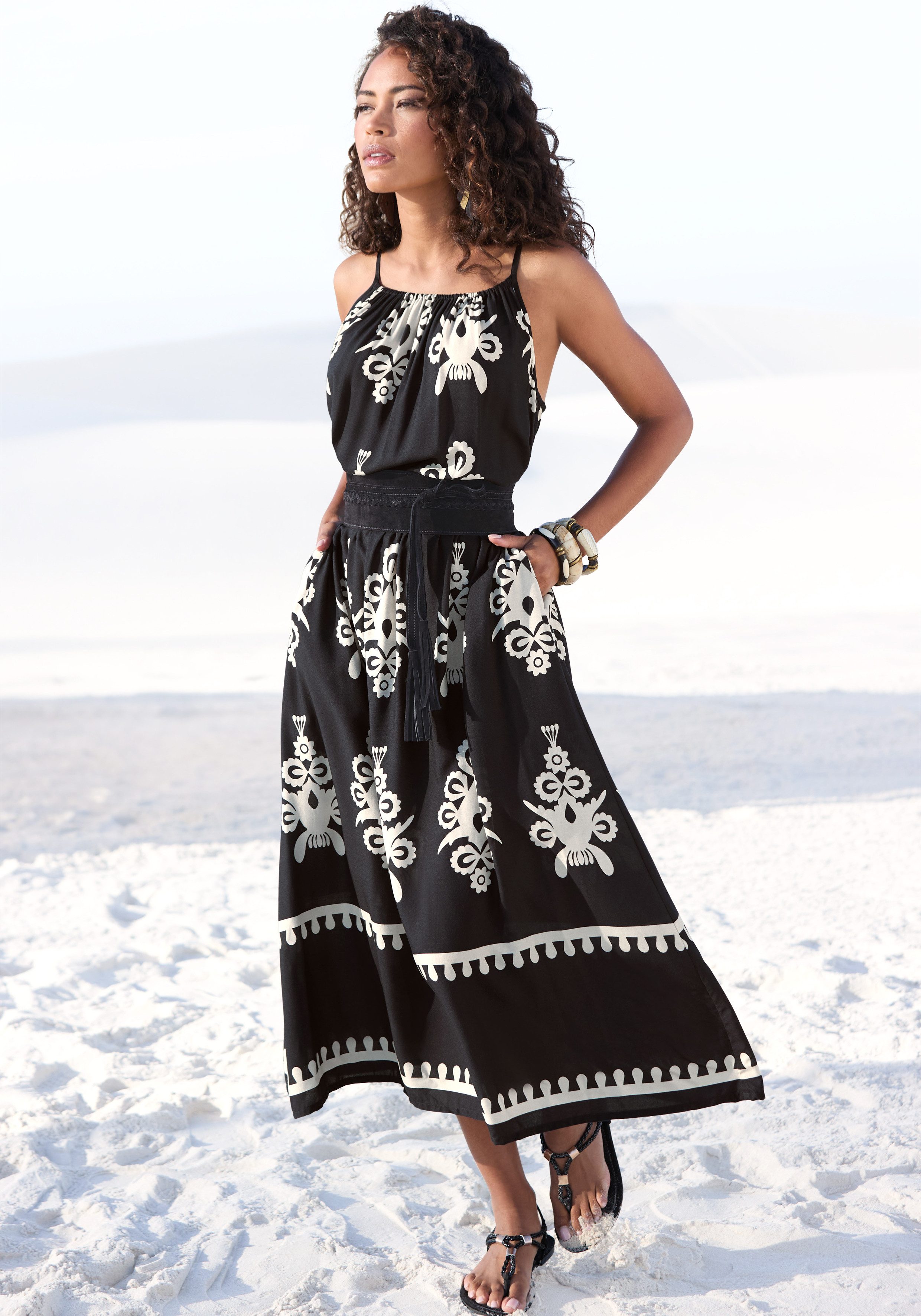 LASCANA Midikleid aus gewebter Viskose mit Ethnodruck lockeres Sommerkleid, Strandkleid, Druckkleid, Spaghettikleid