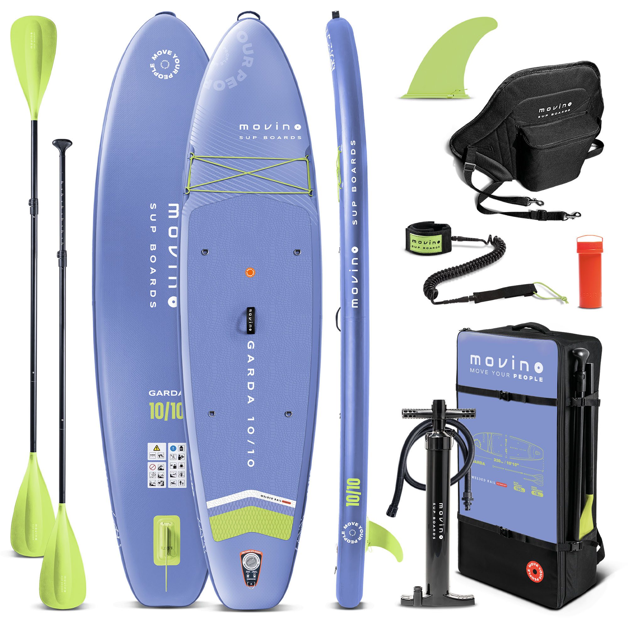 Movino SUP-Board MOVINO GARDA 2in1 Set geschweißte Kanten Traglast 150 kg, All-Round, (Board, Rucksack, Pumpe, Leine, Finne, Paddel, Kajaksitz, Reparaturset)