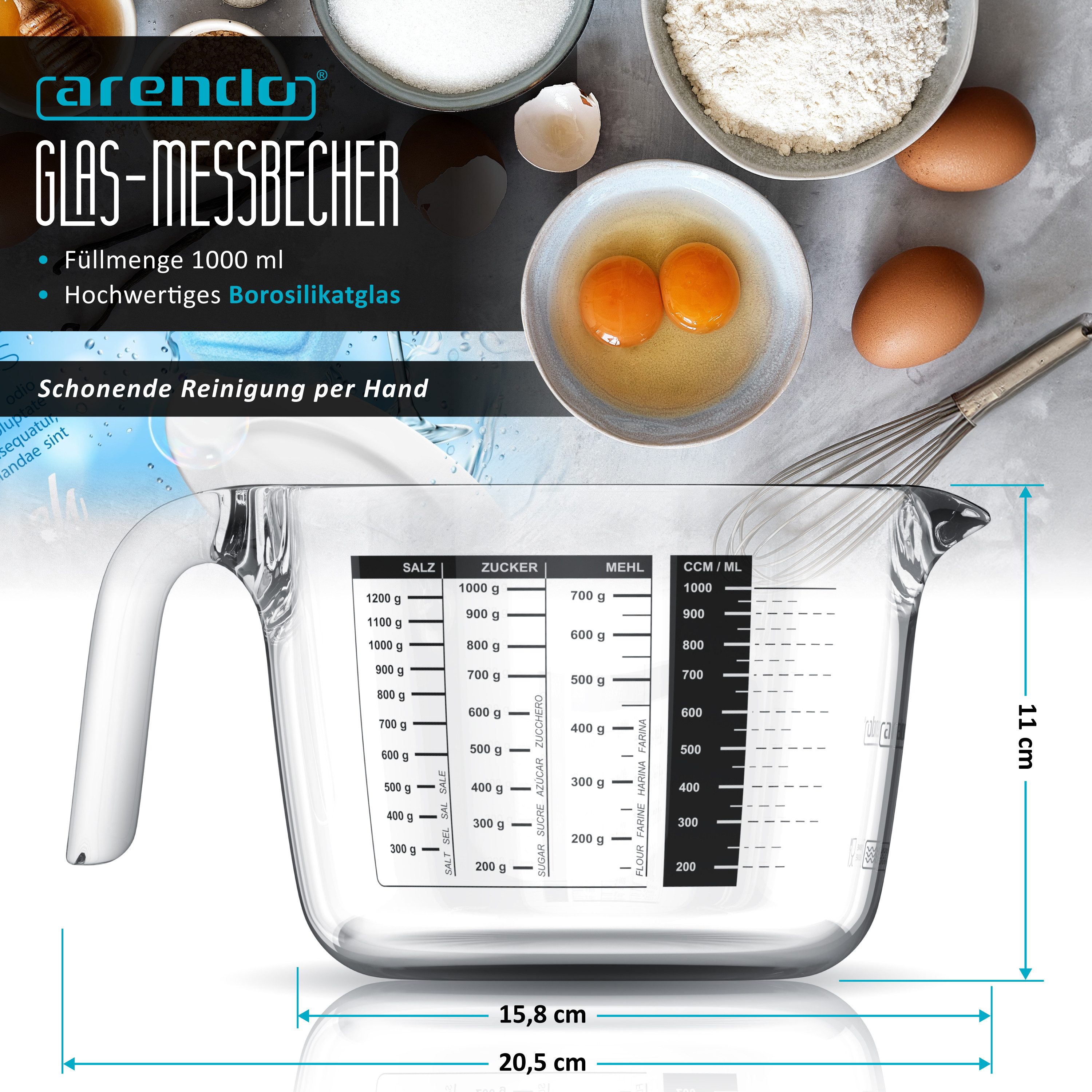 Arendo Messbecher 1 l Glas Messkrug, Borosilikatglas, Mikrowellengeeignet, Rührschüssel, Glas, präzise Skala, hitzebeständig, Mikrowellen geeignet, 1000 ml