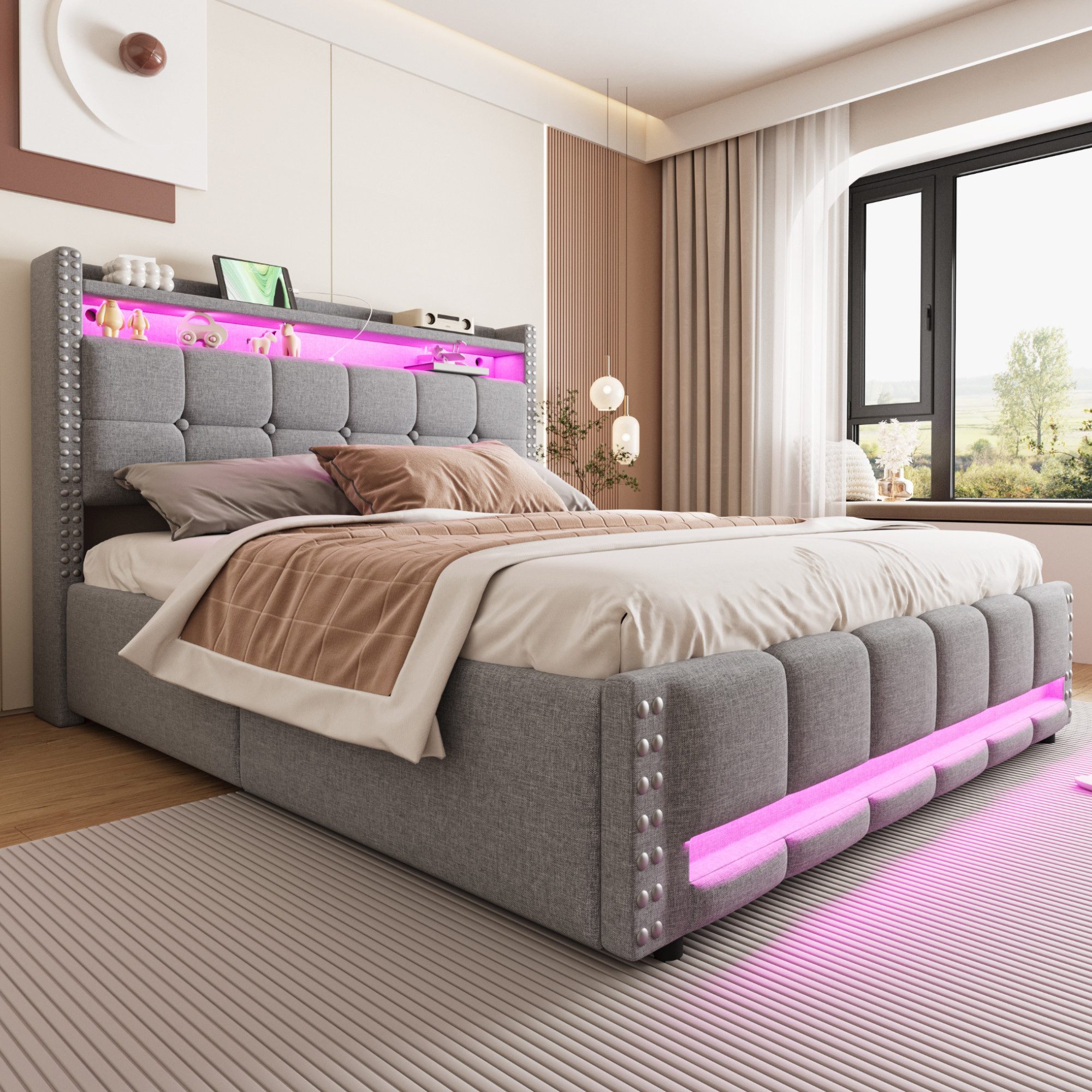 HAUSS SPOLE Polsterbett 160x200cm mit LED-Beleuchtung und USB-Steckdose, Le günstig online kaufen