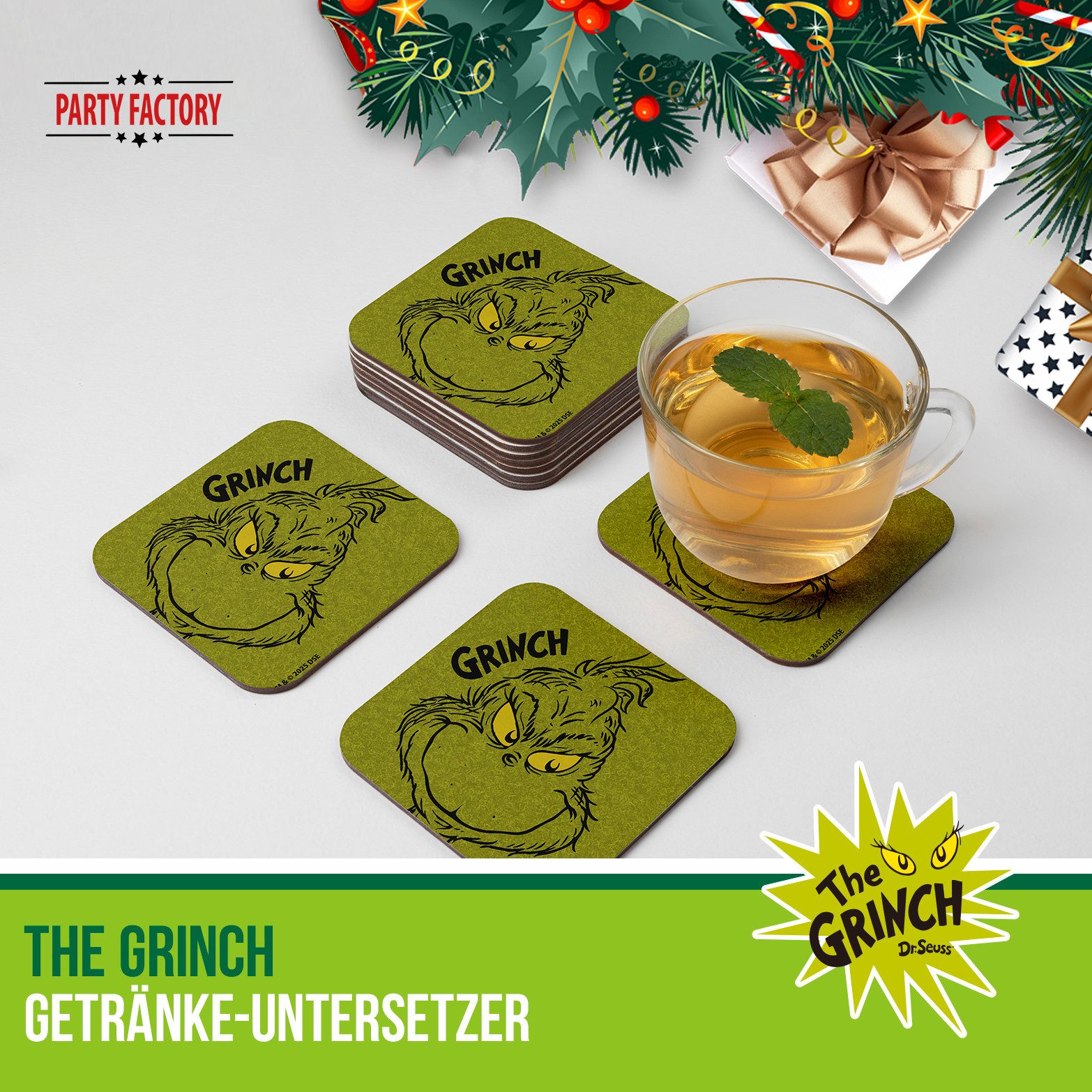 Party Factory Getränkeuntersetzer The Grinch Getränke-Untersetzer 4er Set grün – Weihnachts Tischdeko, 4-tlg., The Grinch – Bild 5 von 5