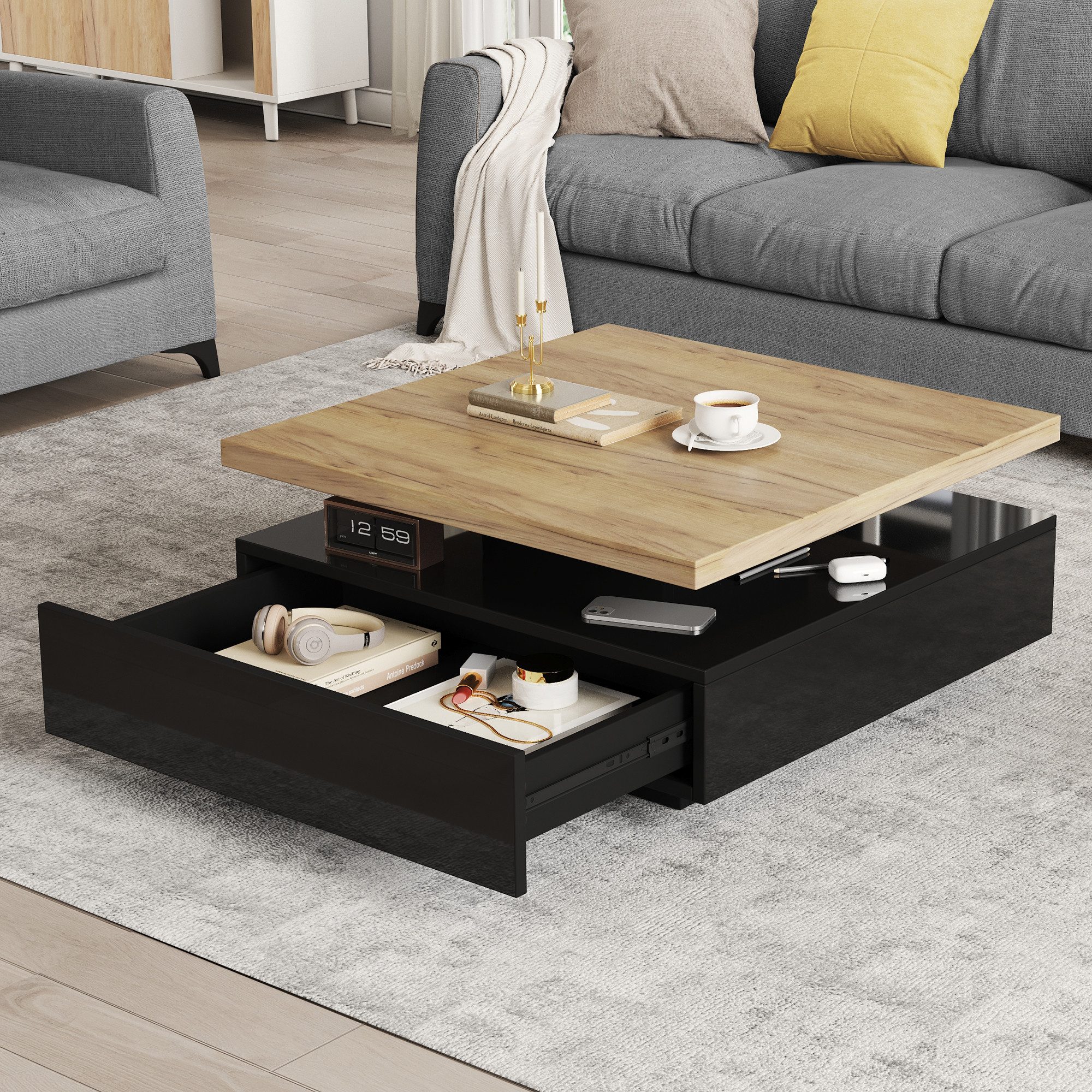 Merax Couchtisch mit versteckten Schubladen und 360° schwenkbarer Arbeitsfläche (Wohnzimmer, Kaffeetisch, 70x70x36cm), hochglänzend Beistelltisch mit geometrisc – Bild 3 von 5
