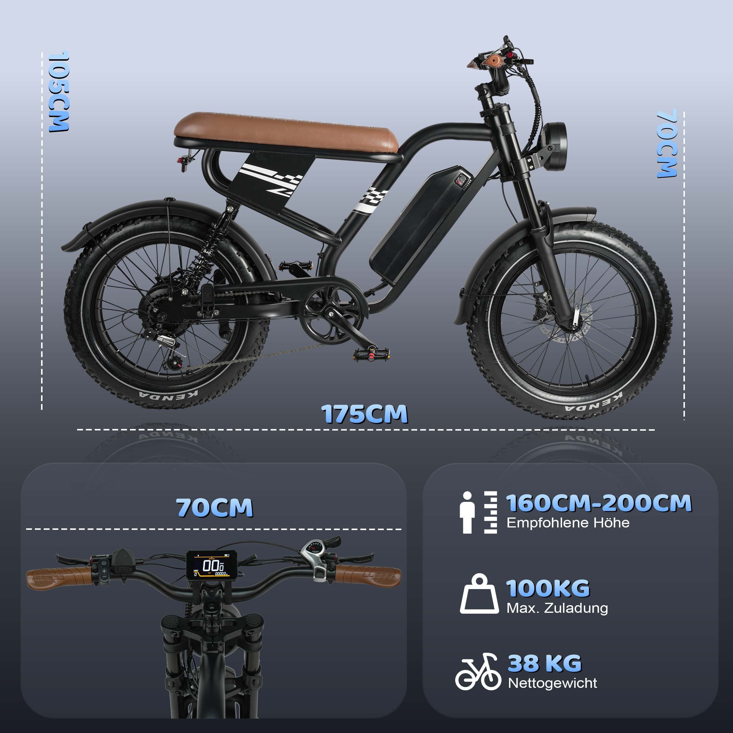 Vankel E-Bike Cityrad W66 herren Elektrofahrrad 648WH cityrad 20×4.0 Zoll damen 13.5AH 65Nm, Kettenschaltung, Heckmotor, 648 Wh, Retro E-Fatbike mit hydraulischen Scheibenbremse, E-bikes