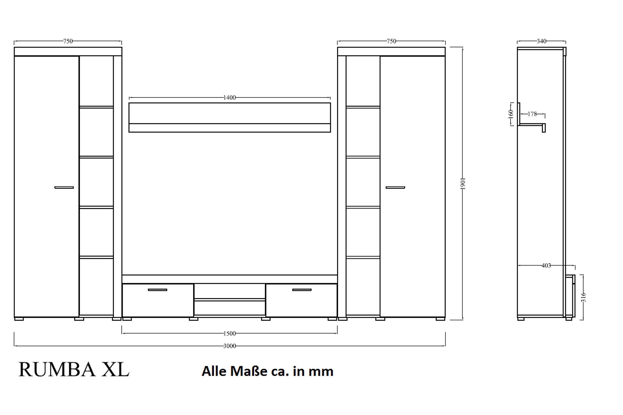 Küchen-Preisbombe Wohnwand Rumba XL Schrankwand Anbauwand Wohnzimmer Sonoma Eiche matt, (4-St)