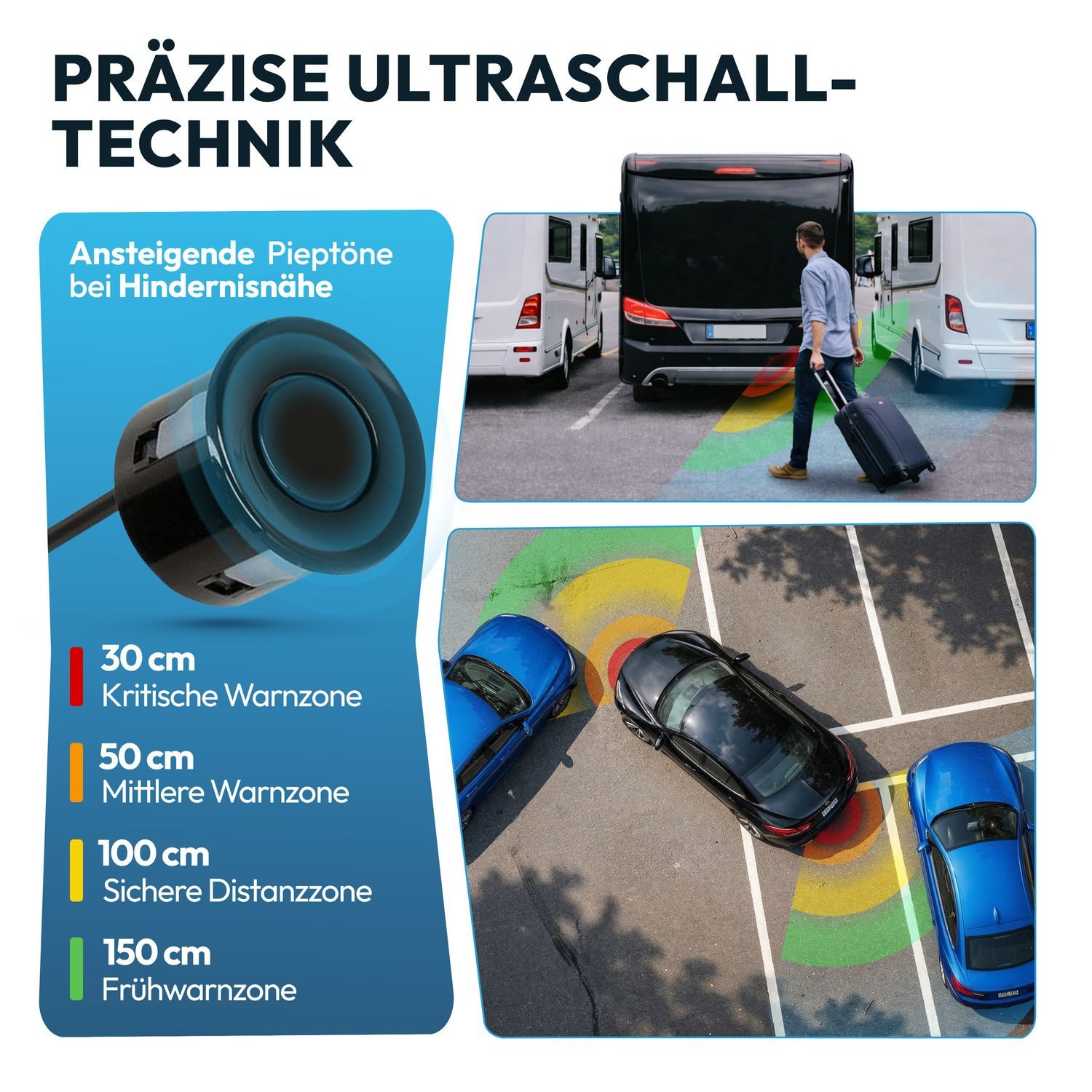 VSG24 Premium Kombi-Einparkhilfe ECHO PLUS Display Parkhilfe zum nachrüsten Rückfahrkamera (Rückfahrwarner mit Display & 8 Sensoren Stecksystem Nachrüstsatz PDC)