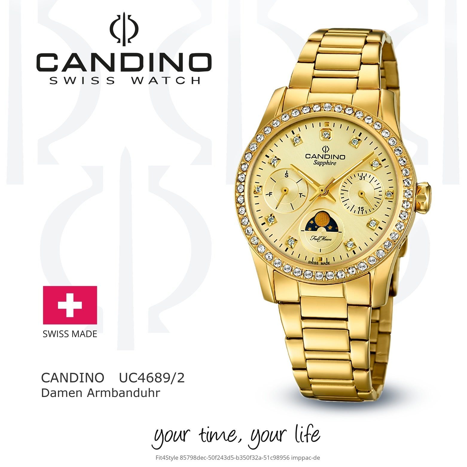 Damen Uhren Candino Quarzuhr UC4689/2 Candino Damen Uhr Quarzwerk C4689/2, Damen Armbanduhr rund, Edelstahlarmband gold, Fashion