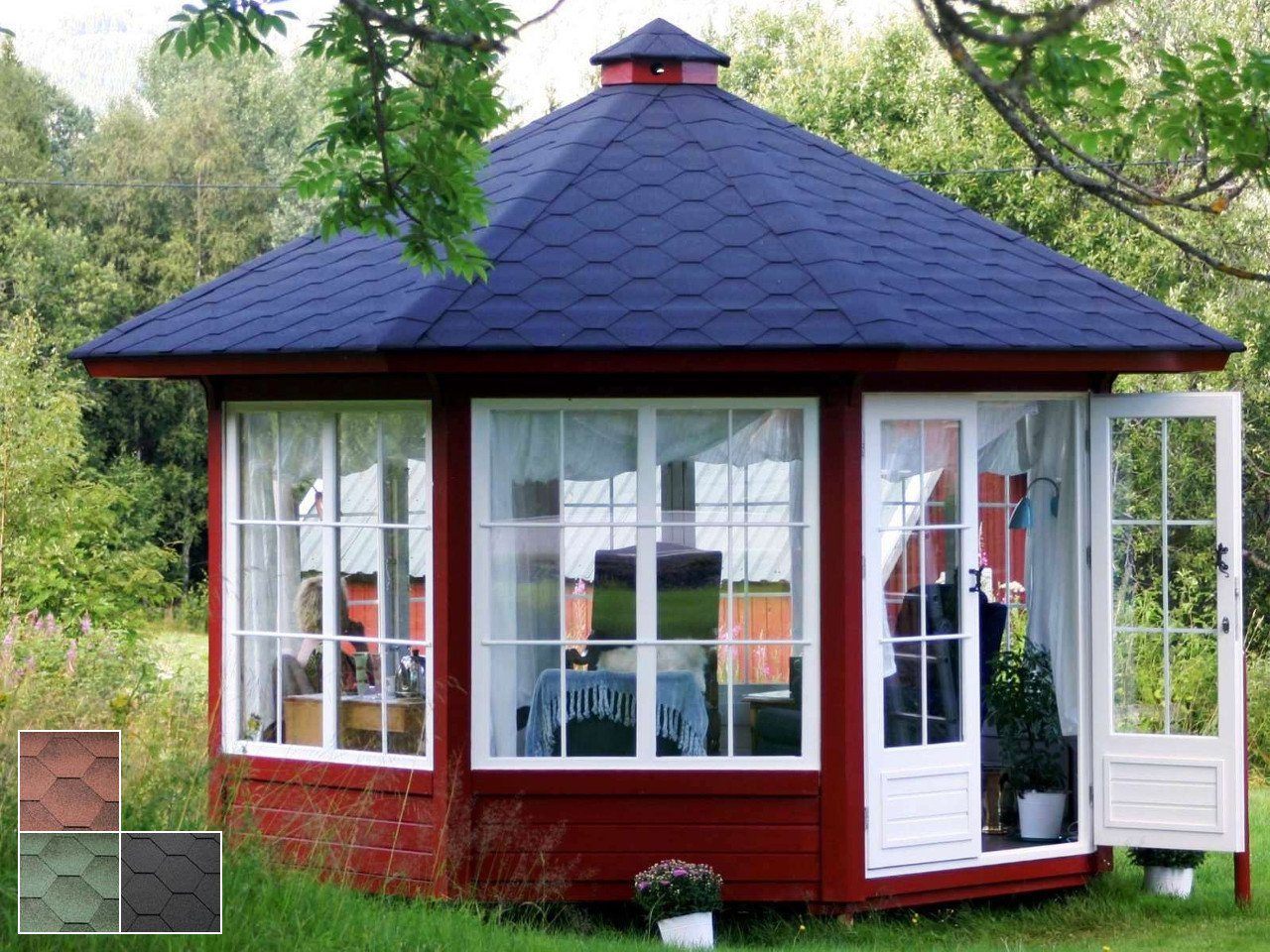 Finn Art Blockhaus Grillkota 4x4m Grillpavillon 8-eckig Pavillon Elegance 10, BxT: 348x348 cm, Schindeln schwarz, mit 28 mm Fußboden
