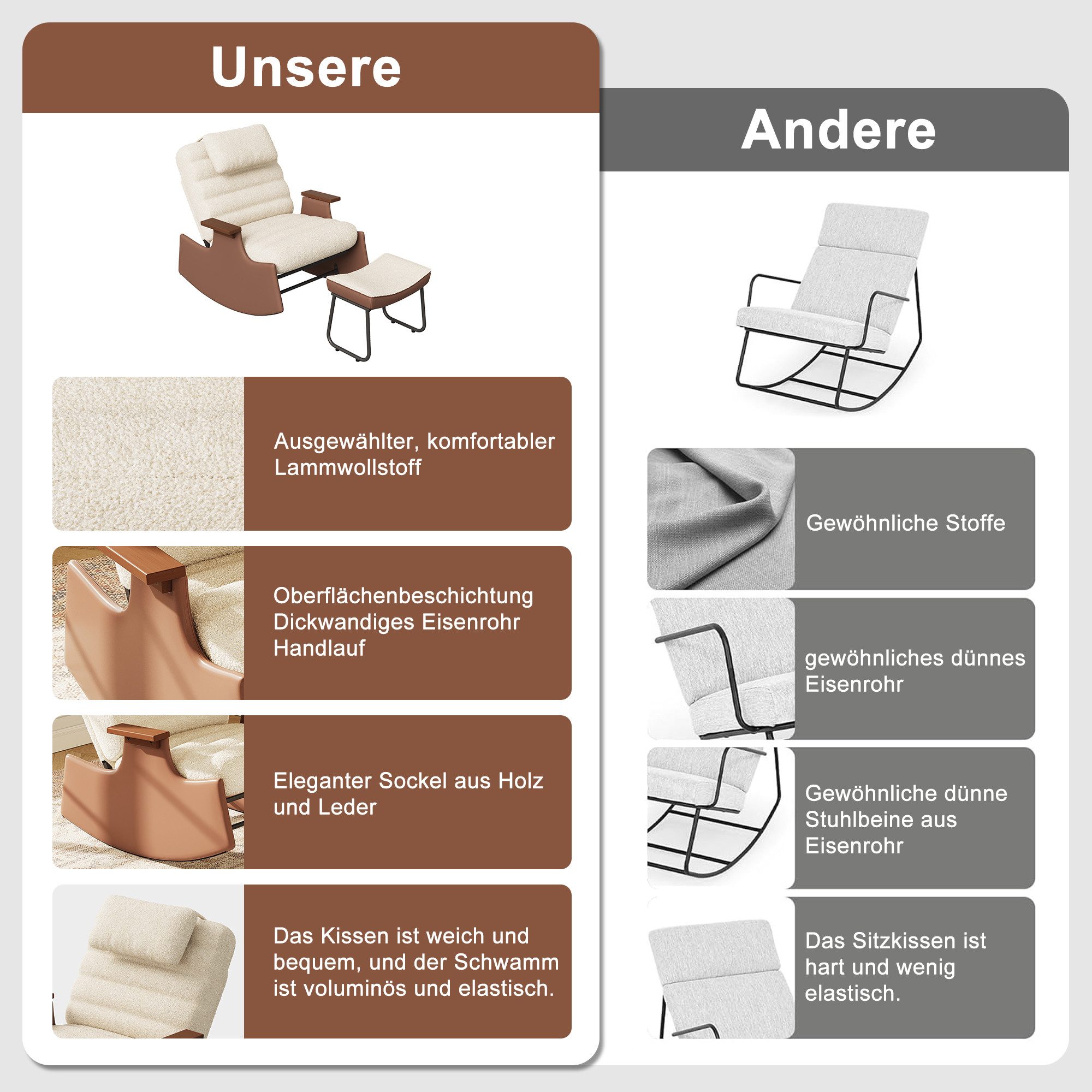 FUROKOY Schaukelstuhl Relaxsessel 3-stufia verstellbare Rückenlehne (Set, 1 St), Wohnzimmersessel mit Armlehnen und Hocker Teddystoff,Beige,62x52x81cm