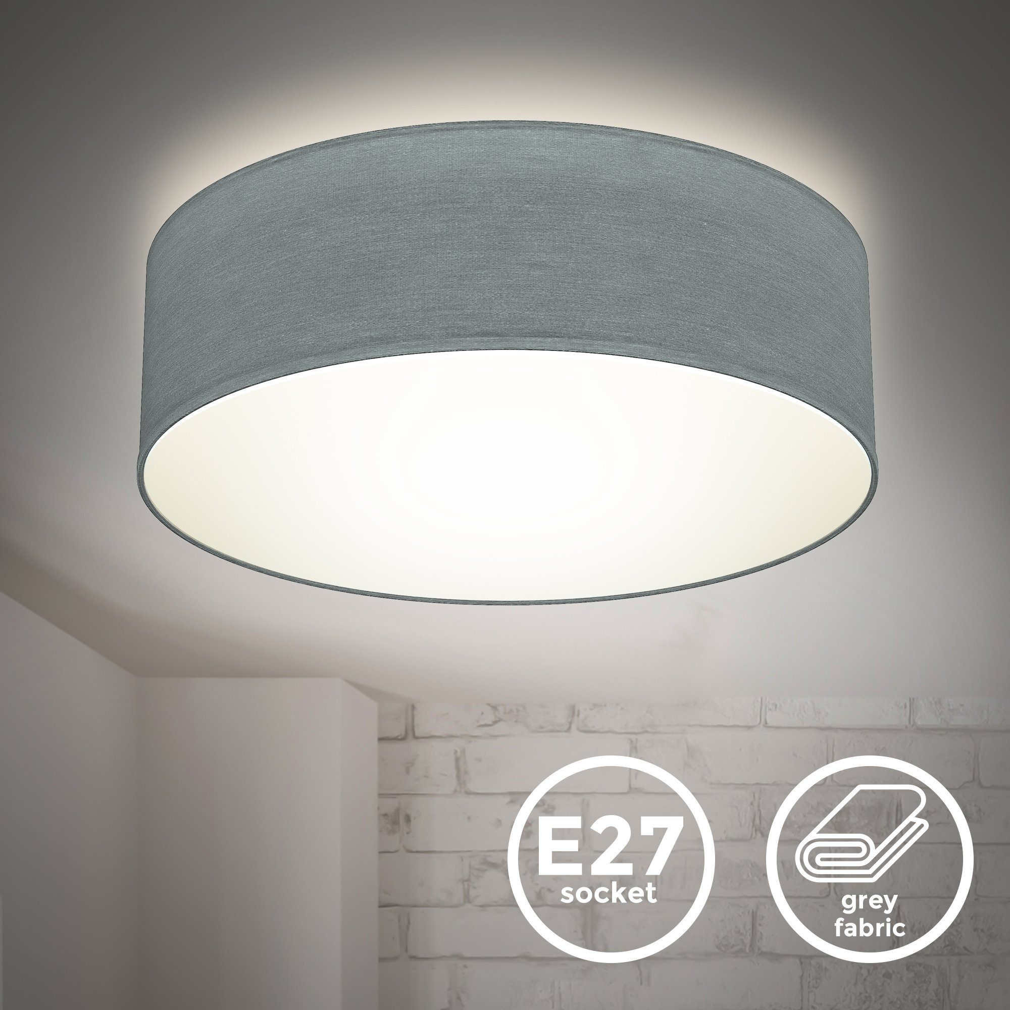 Wohnzimmer grau, LED E27, Textil B.K.Licht Schlafzimmer, ohne Deckenleuchte, Lampenschirm, Deckenlampe, Leuchtmittel,