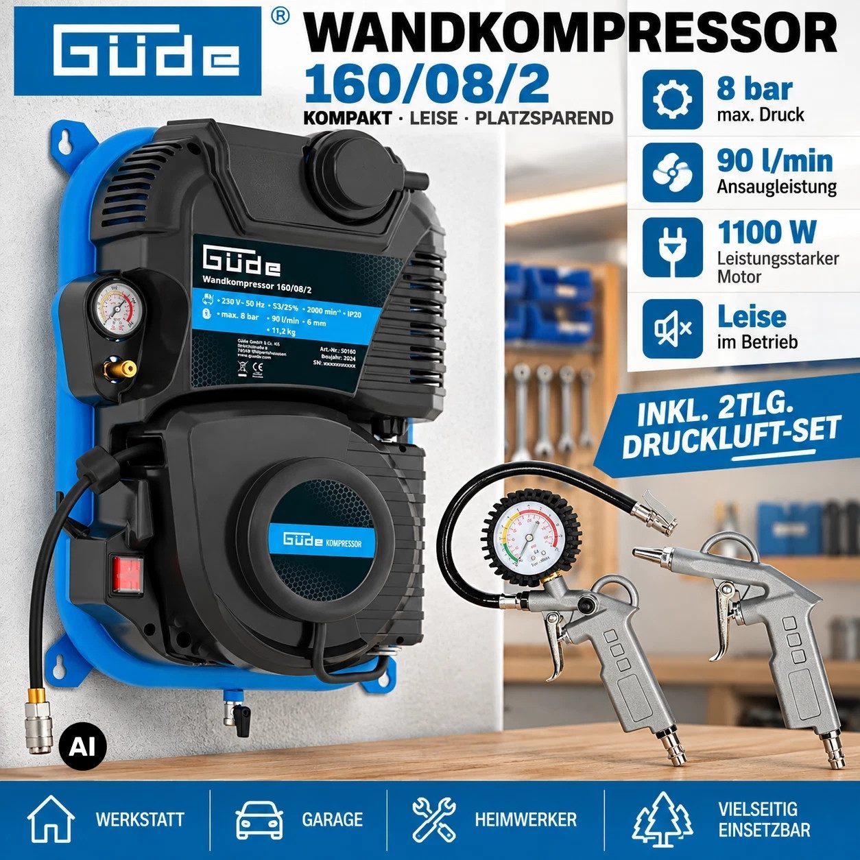 Güde Kompressor Wandkompressor 160/08/2 ST 1100 W/230 V, Automatikschlaucht. + 2er Set