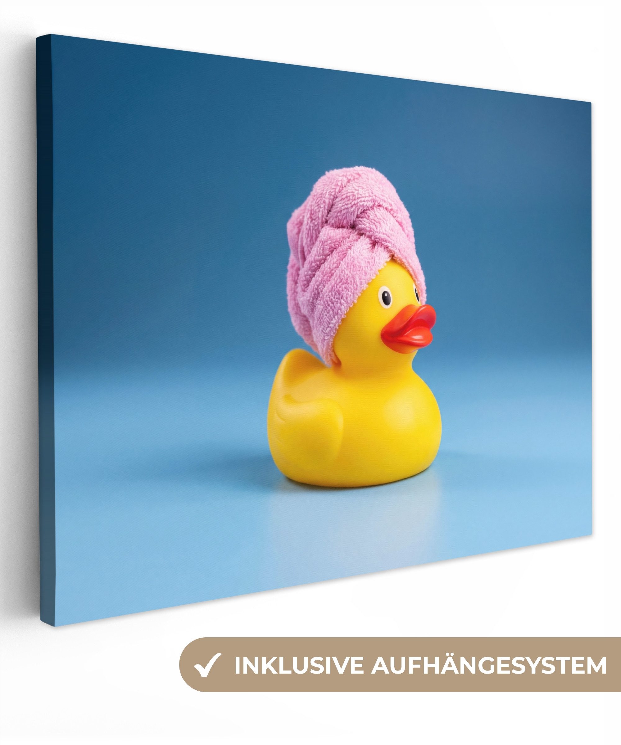 OneMillionCanvasses® Leinwandbild Gummi-Ente - Handtuch - Blau, Fotodruck (1 St), Wandbild Leinwandbilder, Aufhängefertig, Wanddeko 40x30 cm
