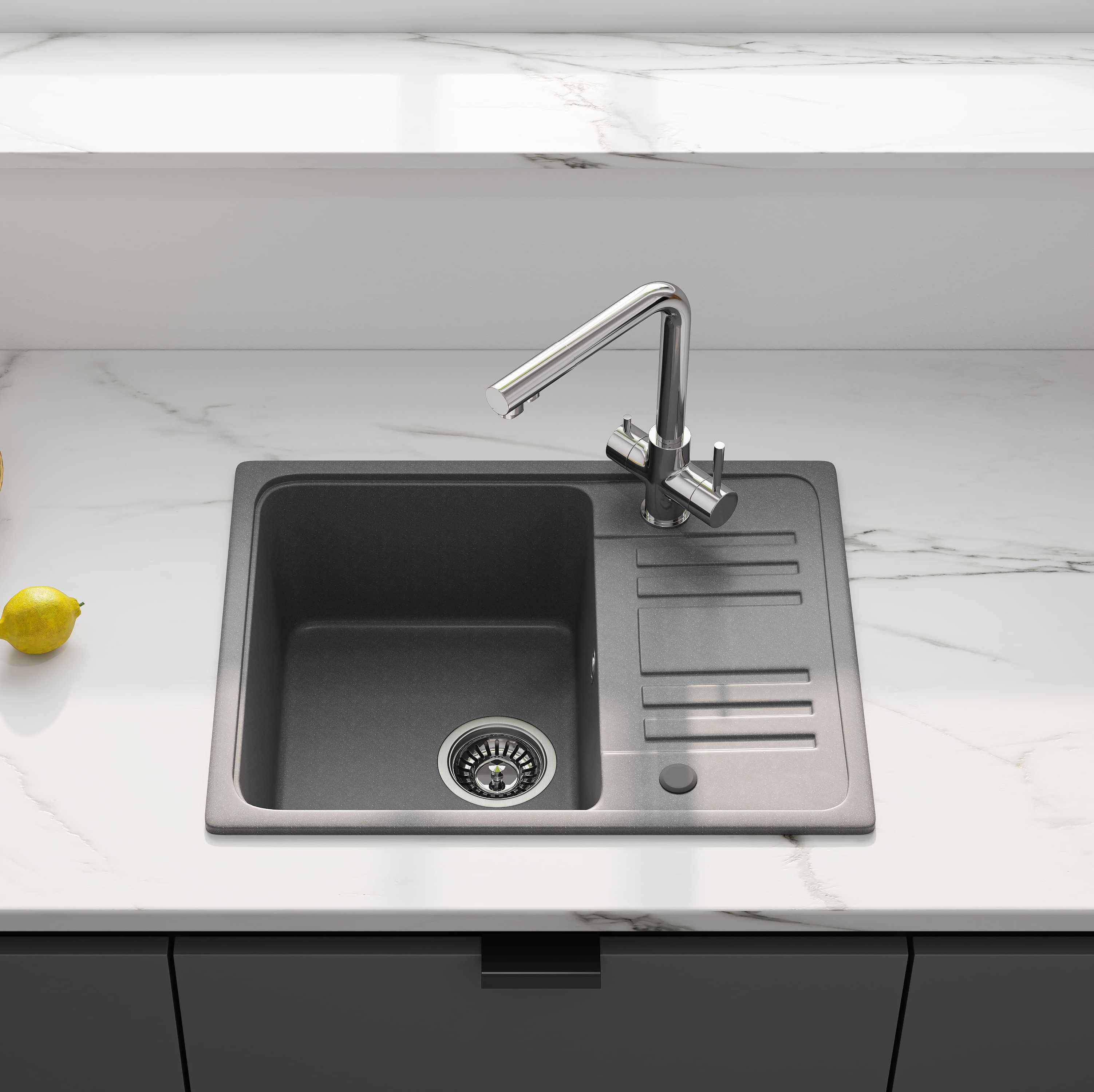 HOROW Granitspüle Granit Spüle in Schwarz 1 Becken Einbauspüle in 57 x 45 cm, 57/45 cm, mit Siphon Ab- und Überlaufgarnitur