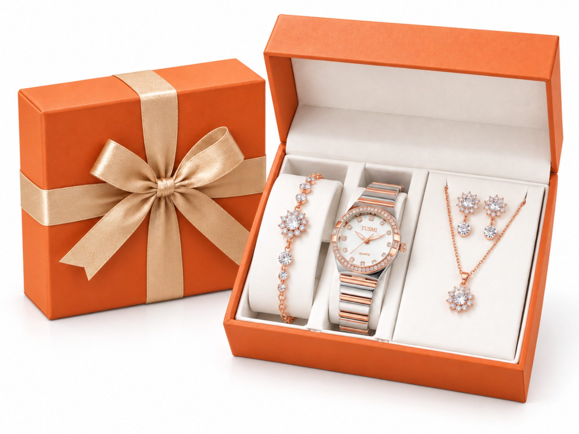 Fyrove Quarzuhr Damen Uhr Schmuckset Geschenk für Frauen,Geschenk für Frauen, (4-teilig mit Quarzuhr, Halskette, Armband & Ohrringen, Damenschmuck in Geschenkbox, Geburtstagsgeschenk Weihnachtsgeschenk für Freundin Mama Ehefrau, 4-tlg., Besonderes Geschenk für Frauen, Das ideale Geschenk)
