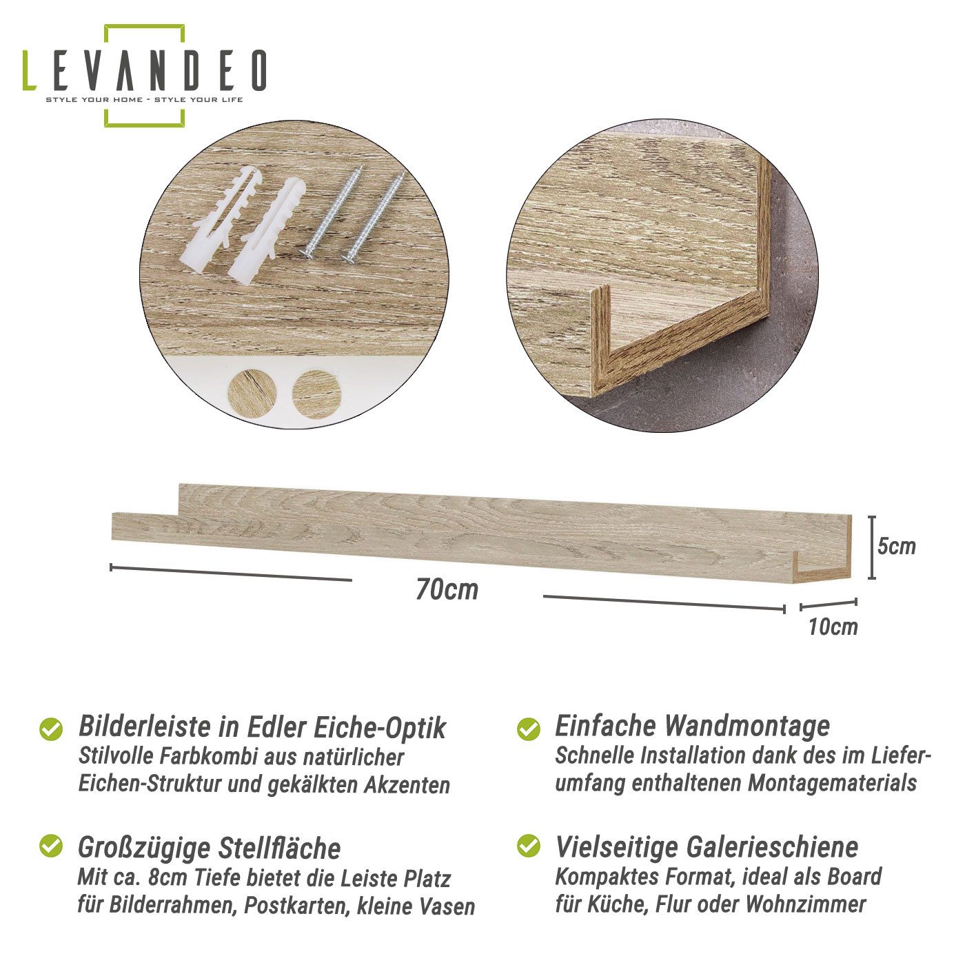 Levandeo® Bilderleiste, Bilderleiste Eiche Gekälkt L70cm MDF Holz Wandregal Schmal Wanddeko