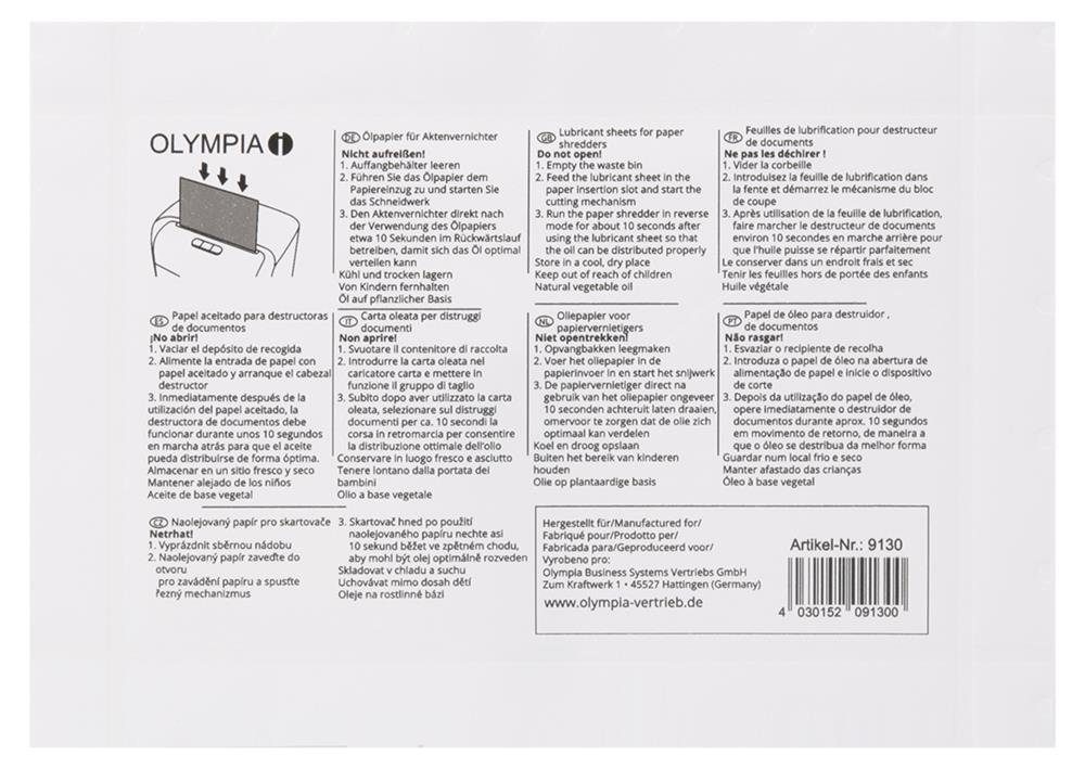 OLYMPIA OFFICE Aktenvernichter 9130, Ölpapier für Aktenvernichter, 12 Blatt Größe A5