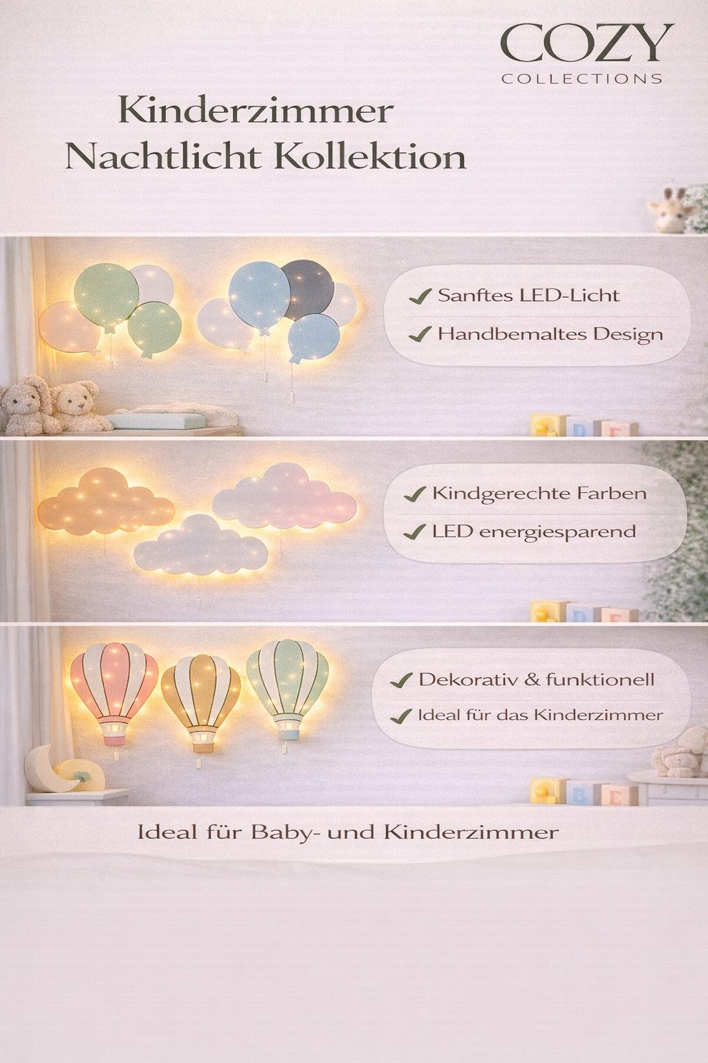 COZYCOLLECTIONS LED Wandleuchte LED-Wandnachtlicht Blaue Ballons in Holzoptik, LED, Warmweiß, Montessori-Design: ruhige Formen, warmes LED, kabellos