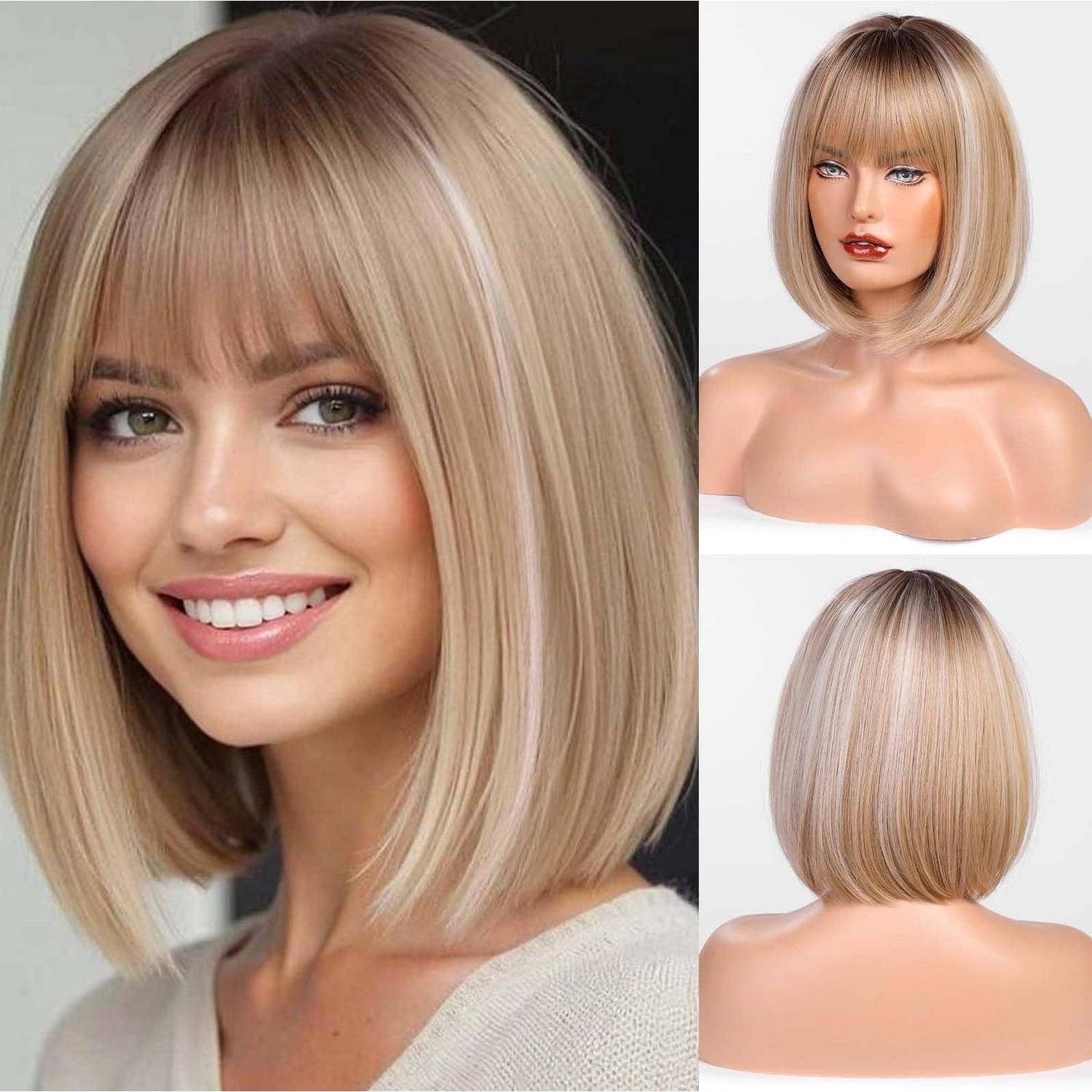 LuxusKollektion Kunsthaarperücke Perücke kurz Bob Pony Damen Synthetik ombre blond mit Highlight