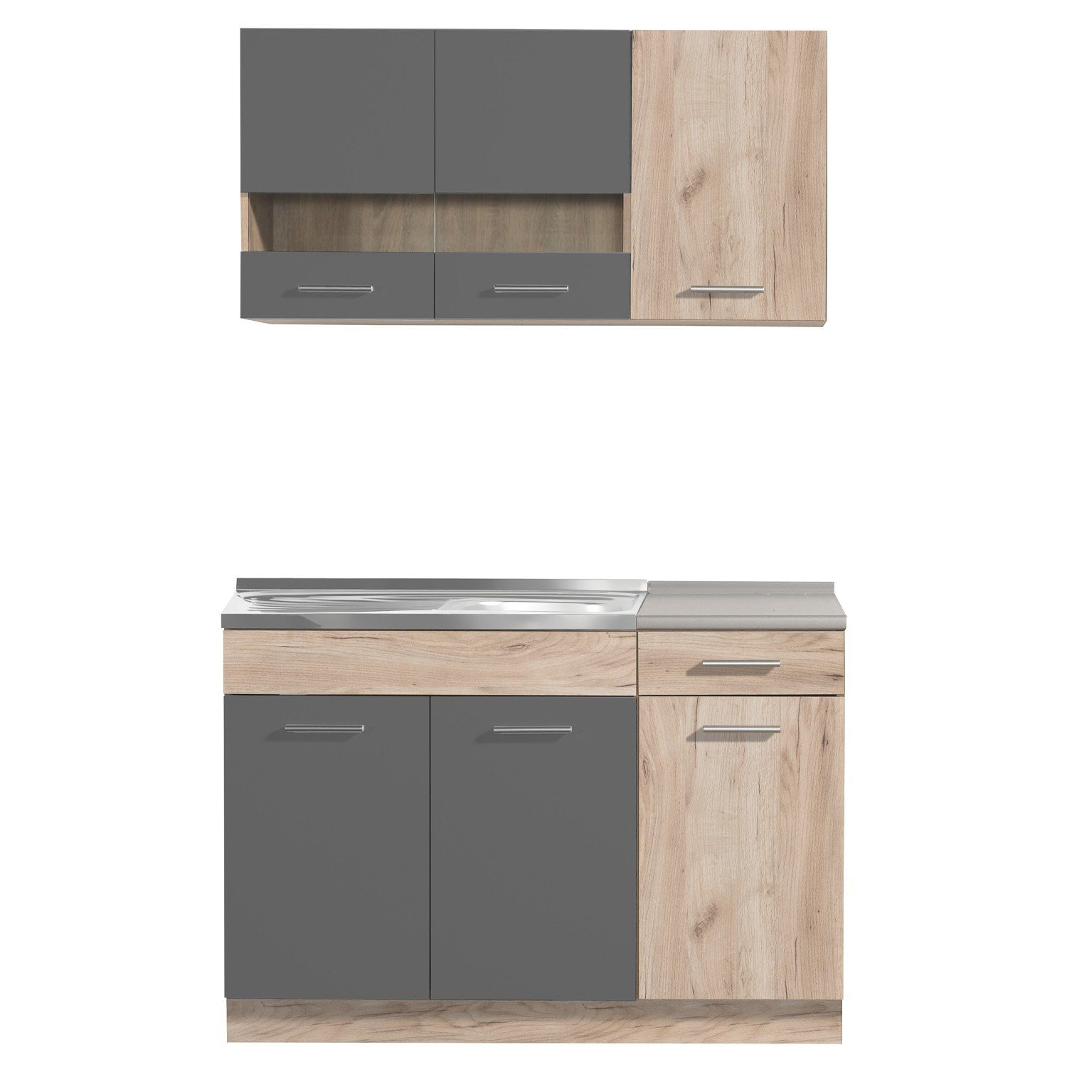 Homestyle4u Küchenzeile 120 cm ohne Geräte Singleküche Küchenschränke Grau matt Eiche Braun, (Oberschränke, Unterschränke, 2 Arbeitsplatten, Einbauküche), Küchenblock, Einbauküche, Miniküche
