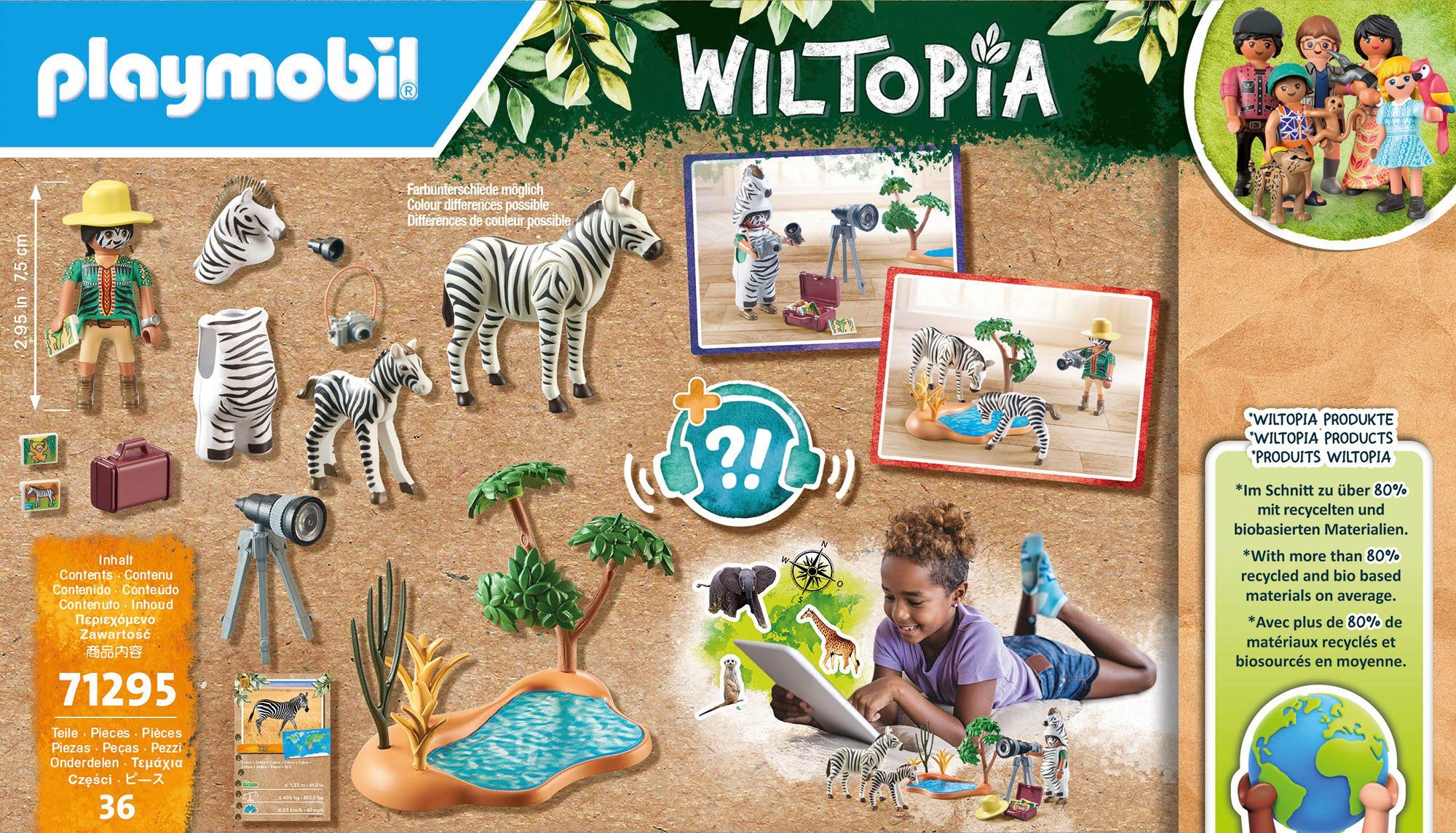 Playmobil® Konstruktions-Spielset Unterwegs St), in recyceltem teilweise Tierfotografin (36 Europe Wiltopia, Material; mit der (71295), aus Made