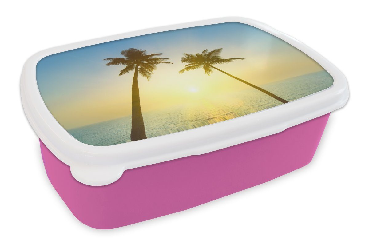 MuchoWow Lunchbox Strand - Sonnenuntergang - Palmen, Kunststoff, (2-tlg), Brotbox für Erwachsene, Brotdose Kinder, Snackbox, Mädchen, Kunststoff rosa