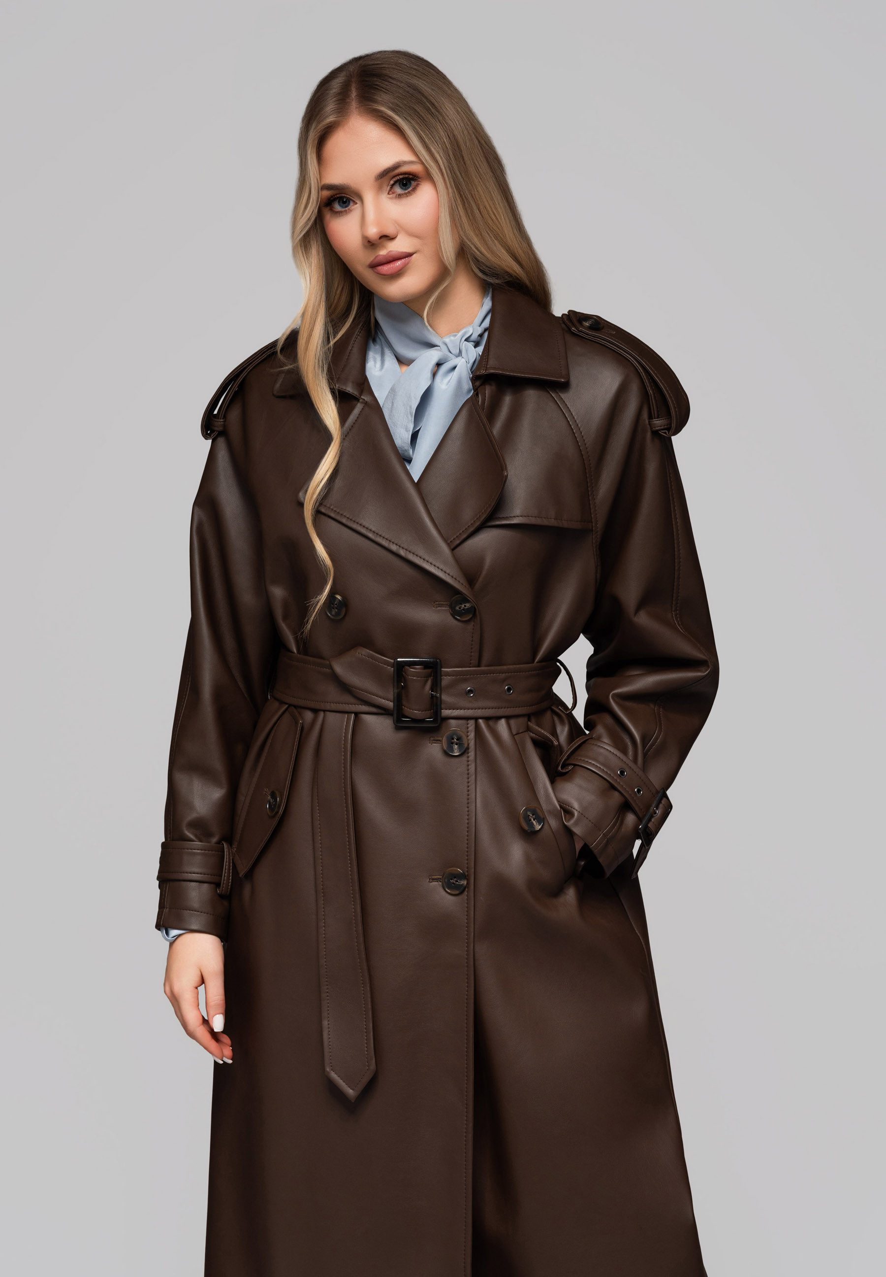 OMBRE Wintermantel Langer Damen-Trenchcoat aus Kunstleder Rückenschlitz für mehr Bewegungsfreiheit