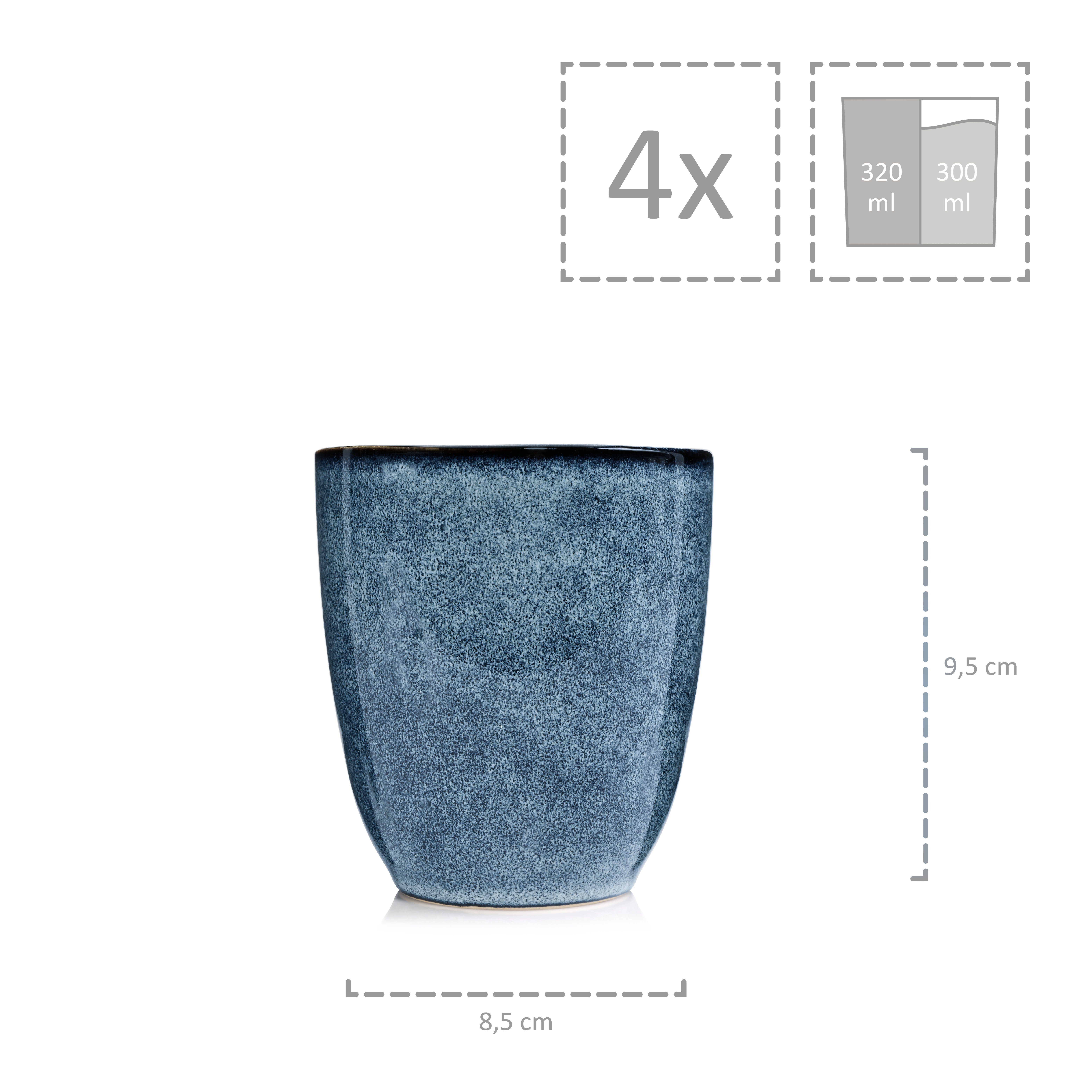 SÄNGER Becher Darwin Kaffeebecher ohne Henkel Set, 4-tlg., Steingut, Handmade, 300 ml, Blau, Premium Collection