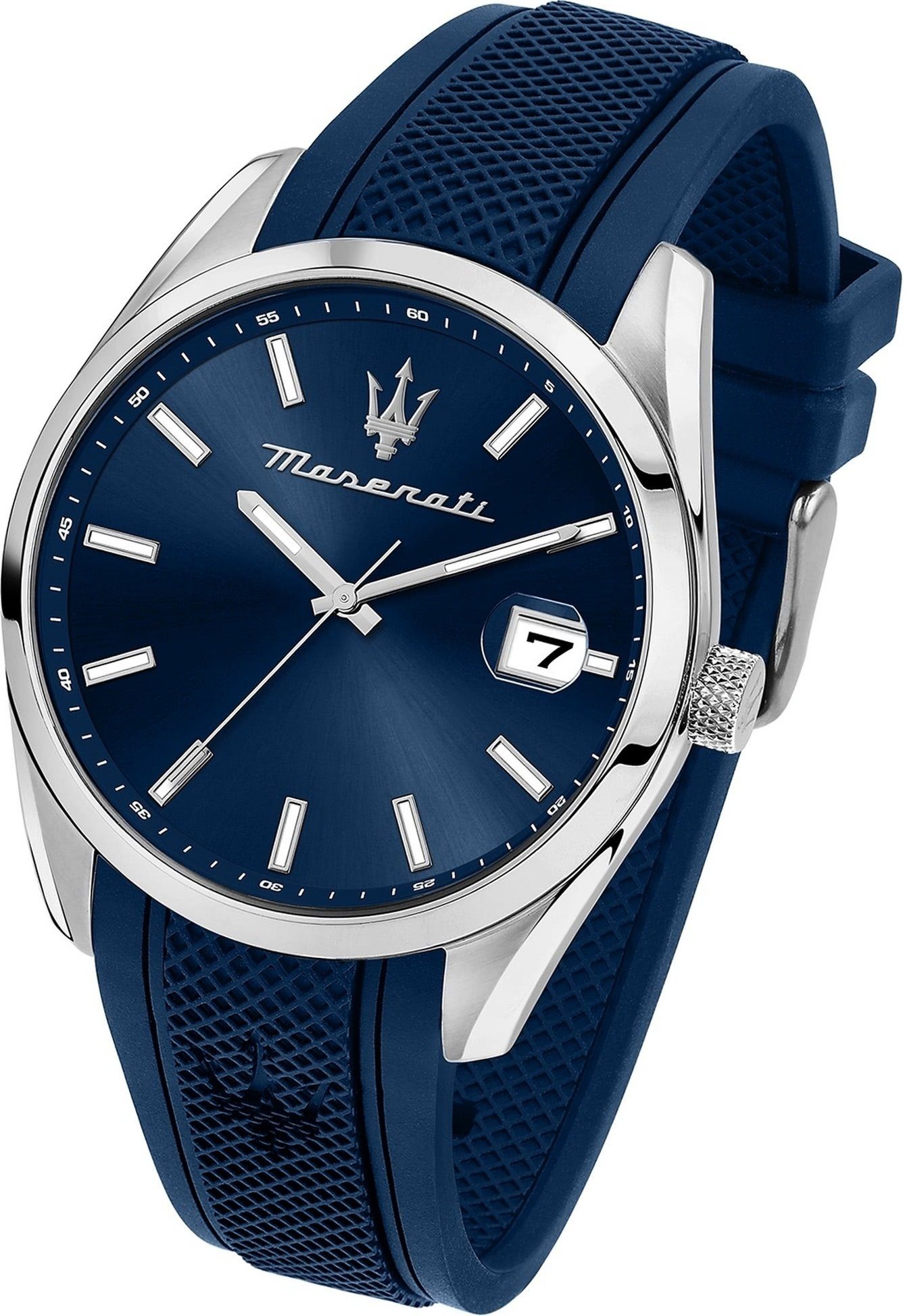groß Quarzuhr MASERATI blau rundes Silikonarmband, Herrenuhr 43mm) Gehäuse, (ca. Armbanduhr, Maserati Herren