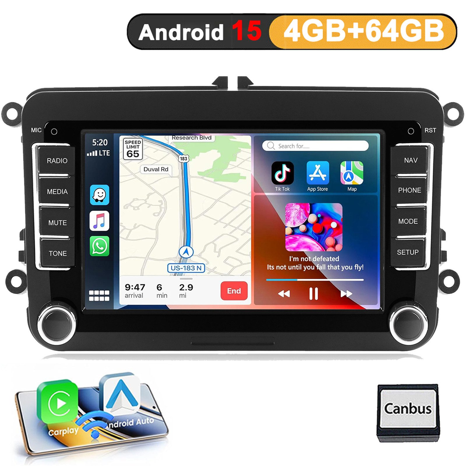 A-Sure 4+64 Android 15 CarPlay für VW GOLF 5 6 Plus Polo Cadddy Touran Passat Autoradio (RDS, DSP, 8Core, Digitalradio (DAB), FM, AM, 4+64G / Bluetooth 5.4 /WiFi 6.0 / SWC)