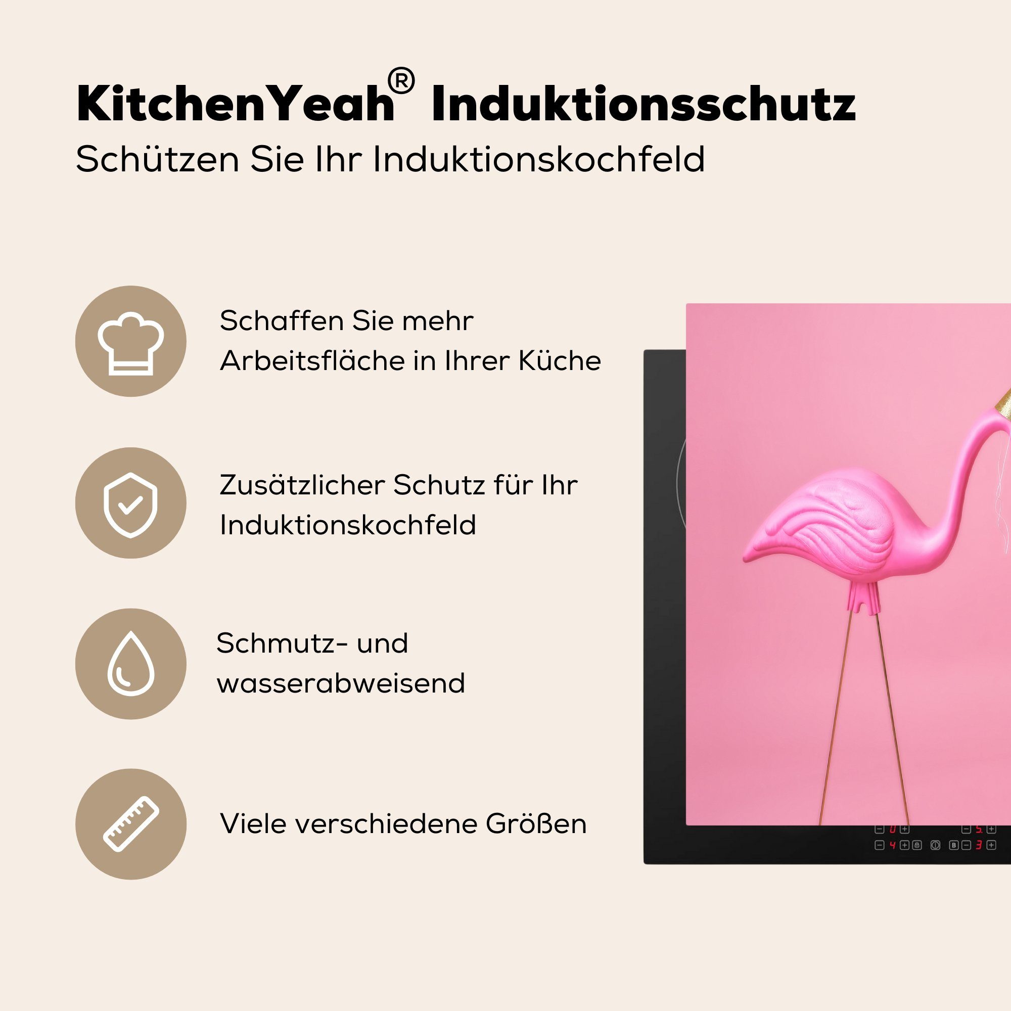 einem MuchoWow die Flamingo 59x52 cm, tlg), Induktionsmatte mit Rosa Herdblende-/Abdeckplatte küche, für Ceranfeldabdeckung Partyhut, (1 Vinyl,