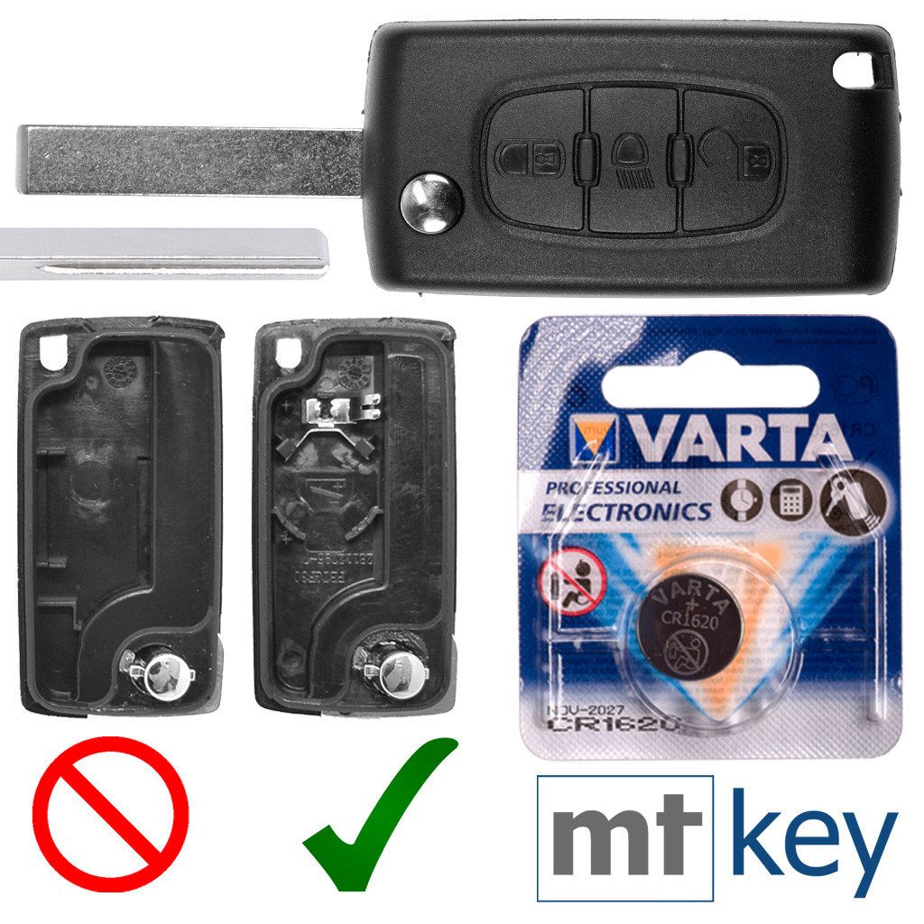 mt-key Auto Klapp Schlüssel Gehäuse 3 Tasten + HU83 Rohling + VARTA CR1620 Knopfzelle, CR1620 (3 V), für Citroen C4 I Grand Picasso C5 III Break Funk Fernbedienung