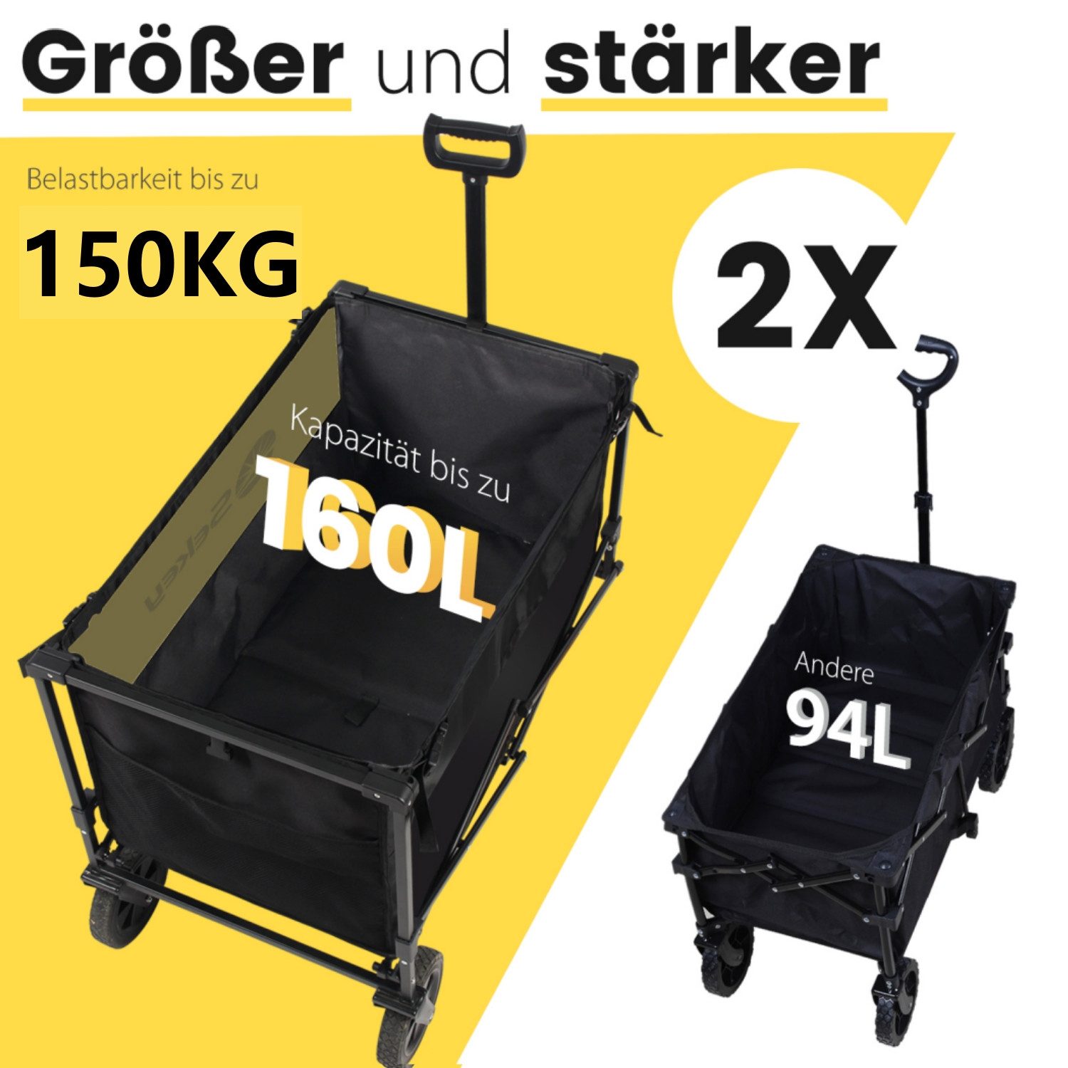 Sekey Bollerwagen 160L 150KG Bollerwagen Faltbar Handwagen mit Bremsen Camping Einkaufen, Klappbar Transportwagen Geländetauglich Gartenwagen