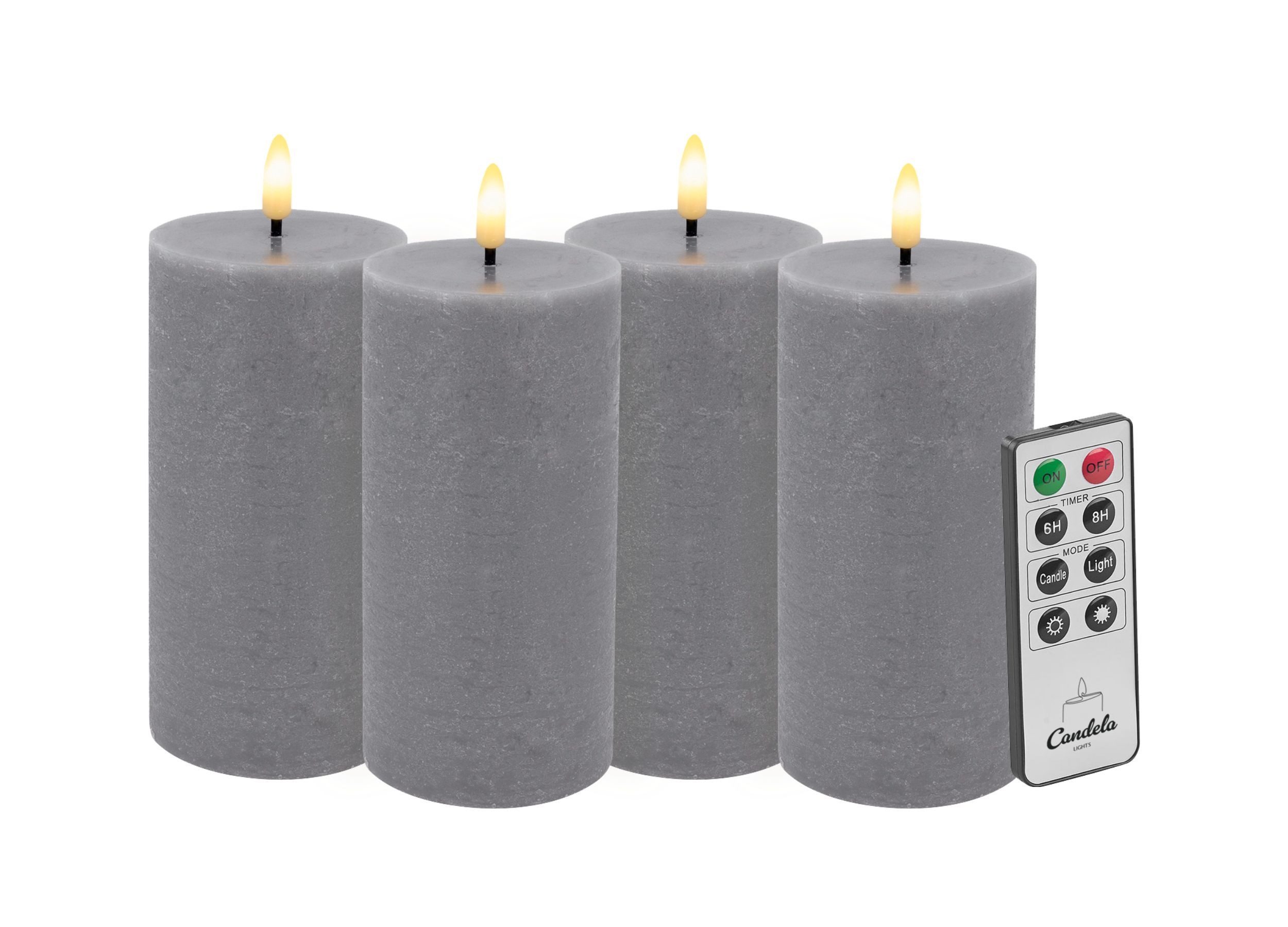 LC Home LED-Kerze Candela Lights LED Stumpenkerzen 4er Set Echtwachs grau rustic