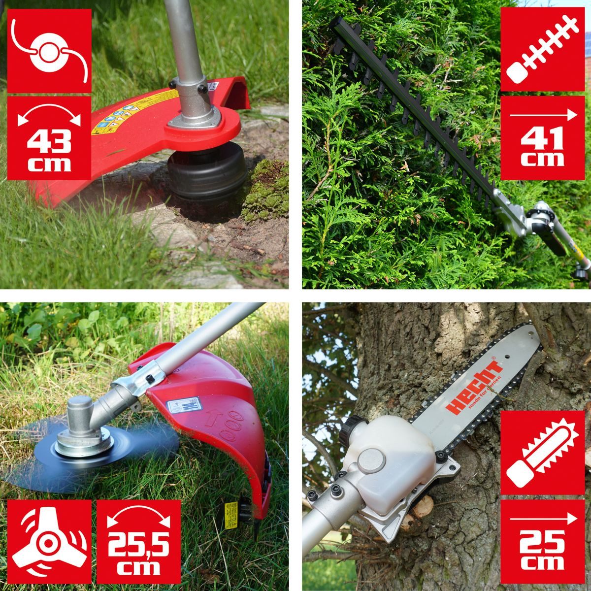 Hecht Benzin-Motorsense Freischneider Hochentaster Heckenschere Multitool 1352, 25,5 cm cm Arbeitsbreite Messer, 43 cm cm Arbeitsbreite Faden, 4-in-1, 1,97 PS, Tragegurt und Verlängerung