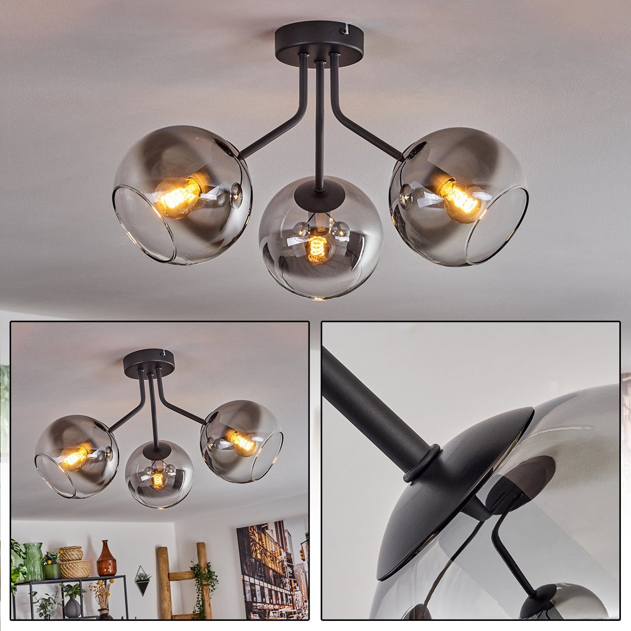 hofstein Deckenleuchte Deckenlampe aus Metall/Glas in Schwarz/Rauchfarben/K günstig online kaufen