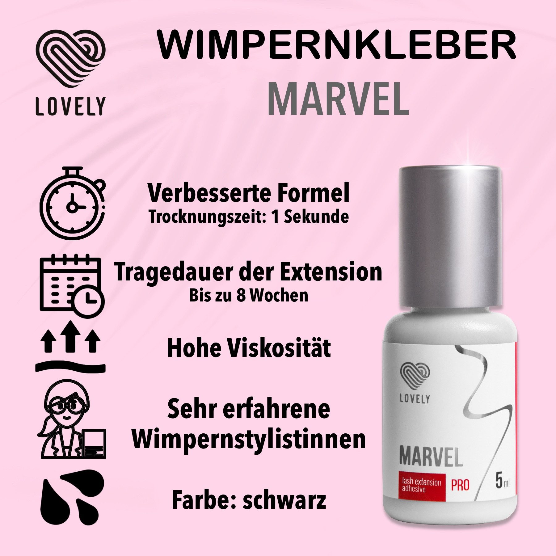 Lovely Wimpernkleber Lovely Wimpernkleber Marvel 5ml & 10ml für Wimpernverlängerung, Für professionelle WImpernverlängerung, Schnelle Trocknungszeit