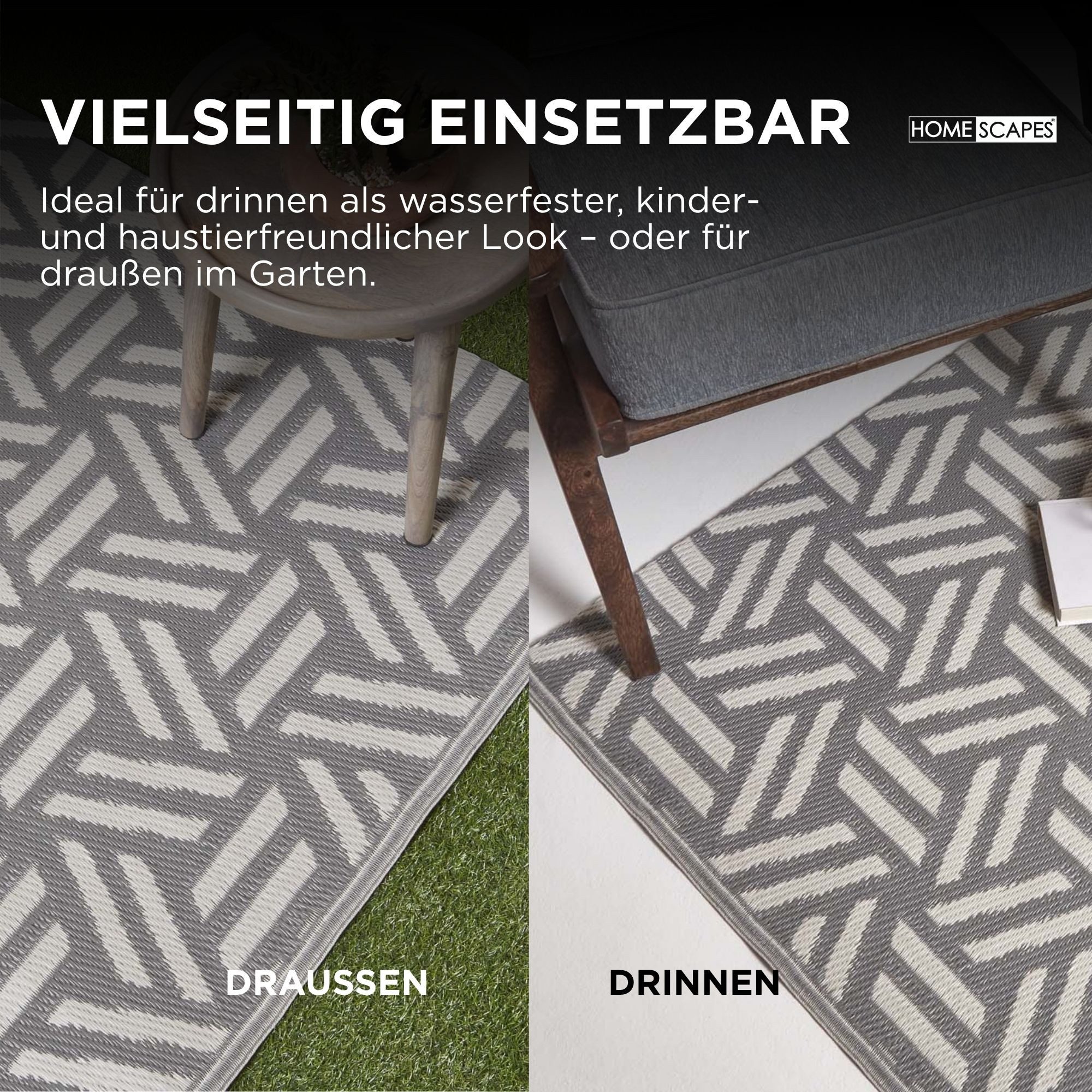Homescapes Outdoorteppich Outdoor-Teppich Luna aus Polypropylen mit grauem Muster, 120 x 180 cm, rechteckig, Höhe: 20 mm – Bild 4 von 5