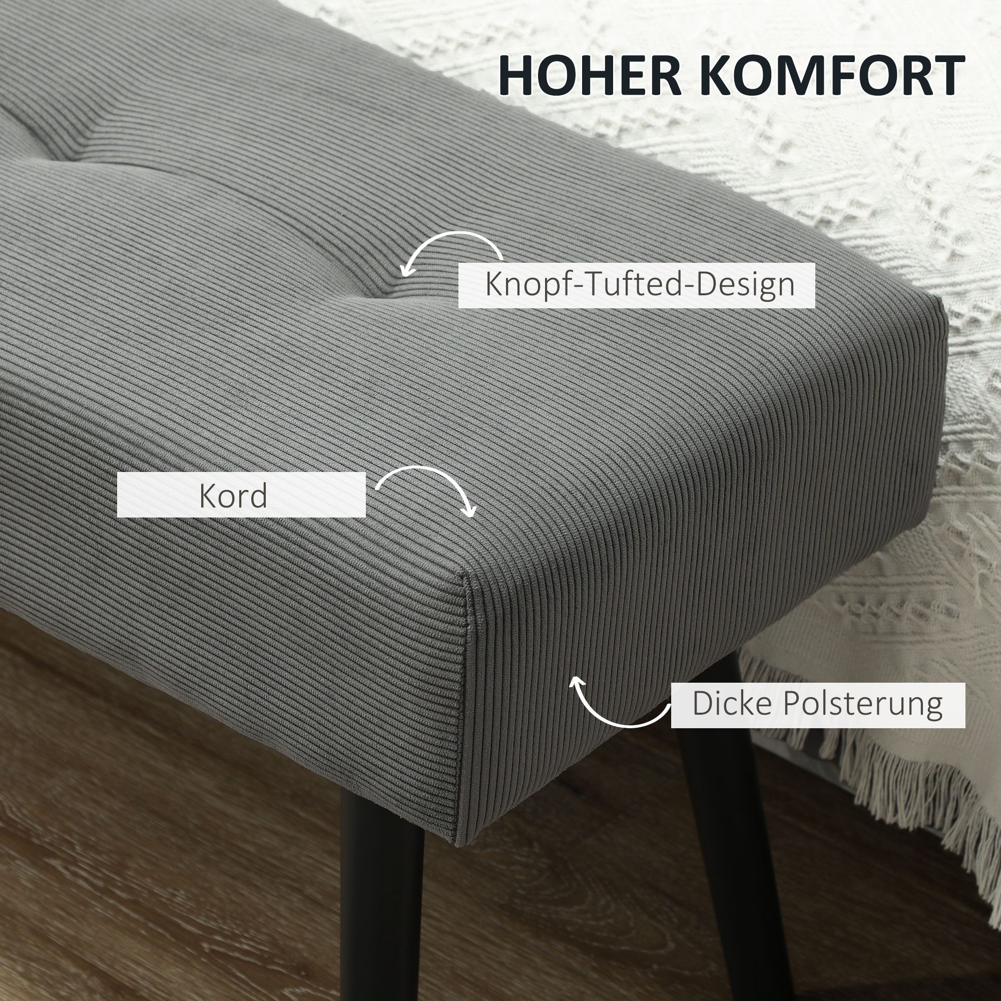 HOMCOM Polsterbank Sitzbank mit Cordbezug, Metallbeinen, Flurmöbel, 220 kg belastbar (Schuhbank, 1-St., getuftete Bettbank), für Schlafzimmer, Wohnzimmer, Flur  – Bild 4 von 5