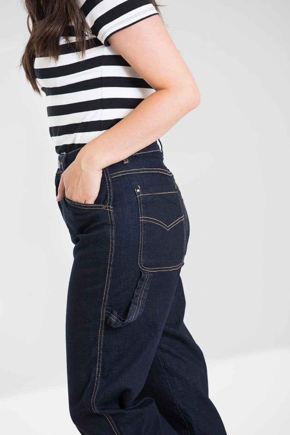 Hell Bunny Stoffhose Carpenter Denim Jeans Navy Blau Retro Vintage 50s Rockabilly