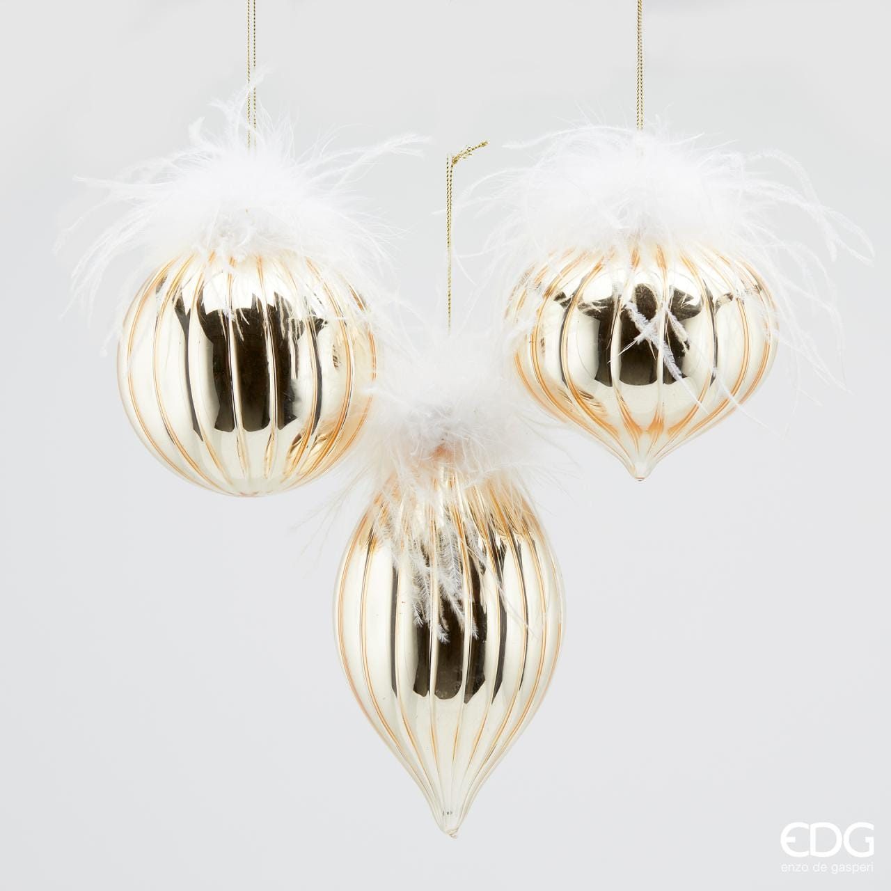 enzo de gasperi Weihnachtsbaumkugel Designerkugeln Gold mit Federn - festliche Dekokugeln Glas Ø 10 cm