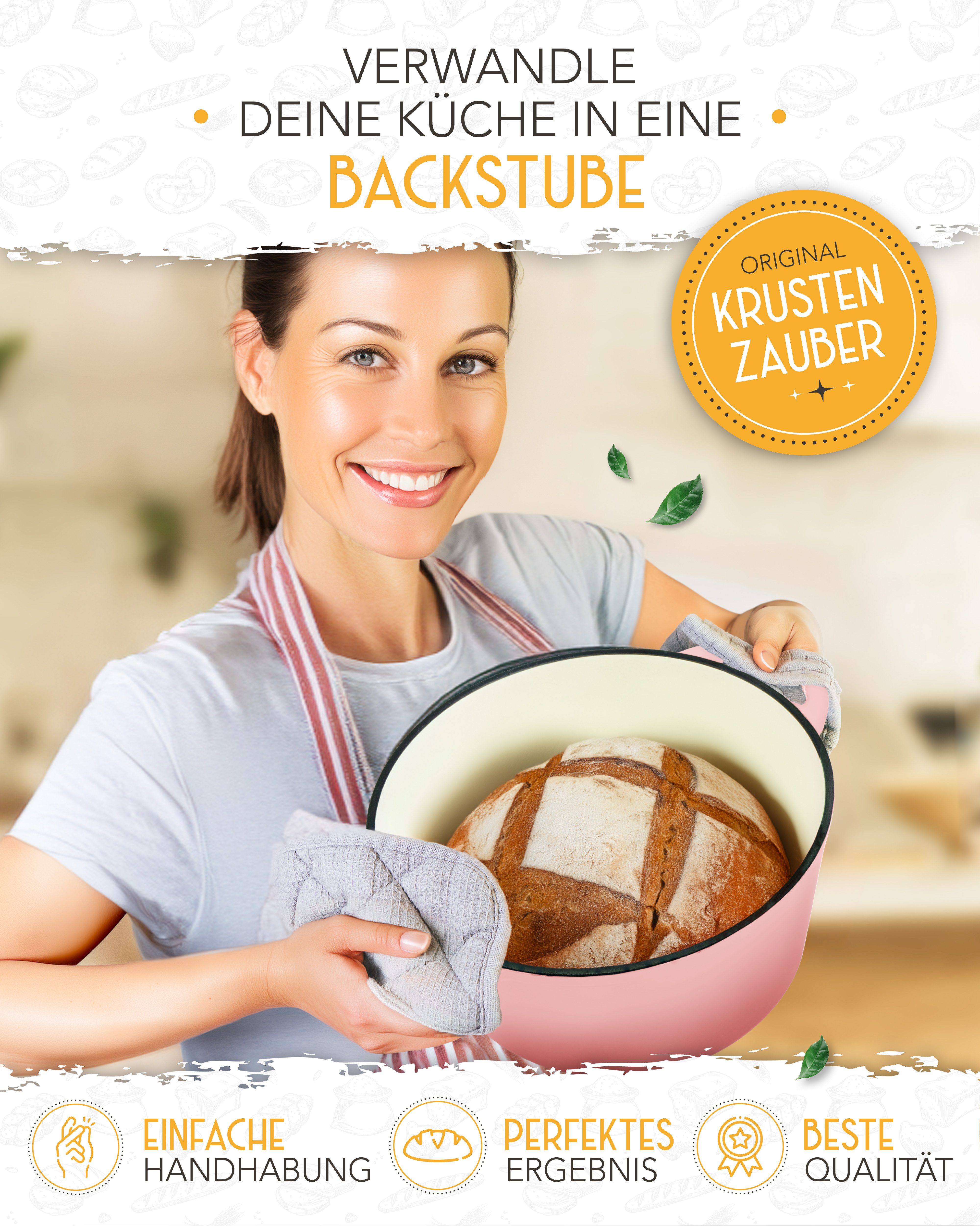 Krustenzauber Kasserolle Gusseisen Topf als Kochtopf, Schmortopf oder Brotbackform