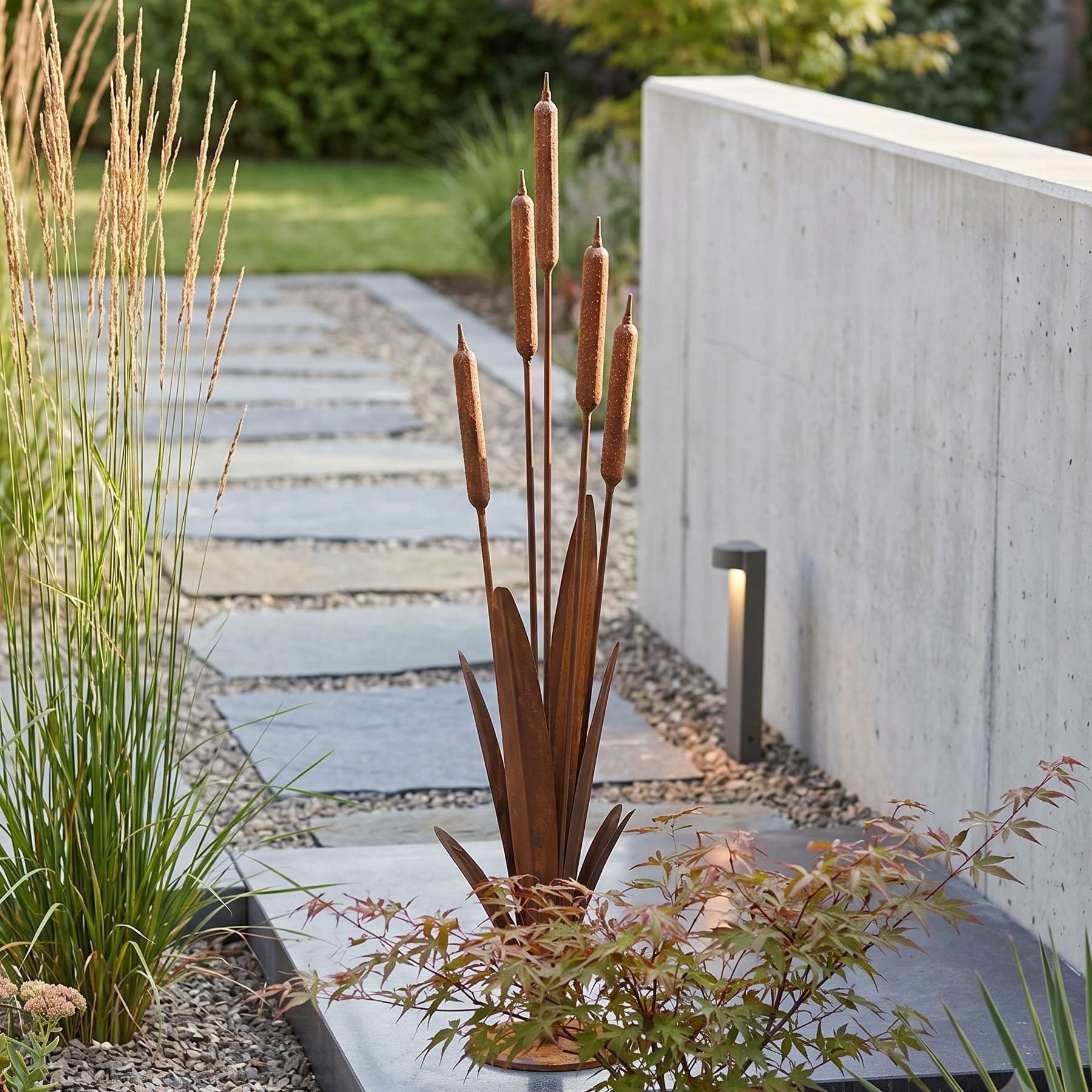 Dekoleidenschaft Gartenfigur "Schilf" Metall Gartendeko mit Edelrost, 91 cm hoch, Schilfgras, Outdoor Rostdeko für Draußen