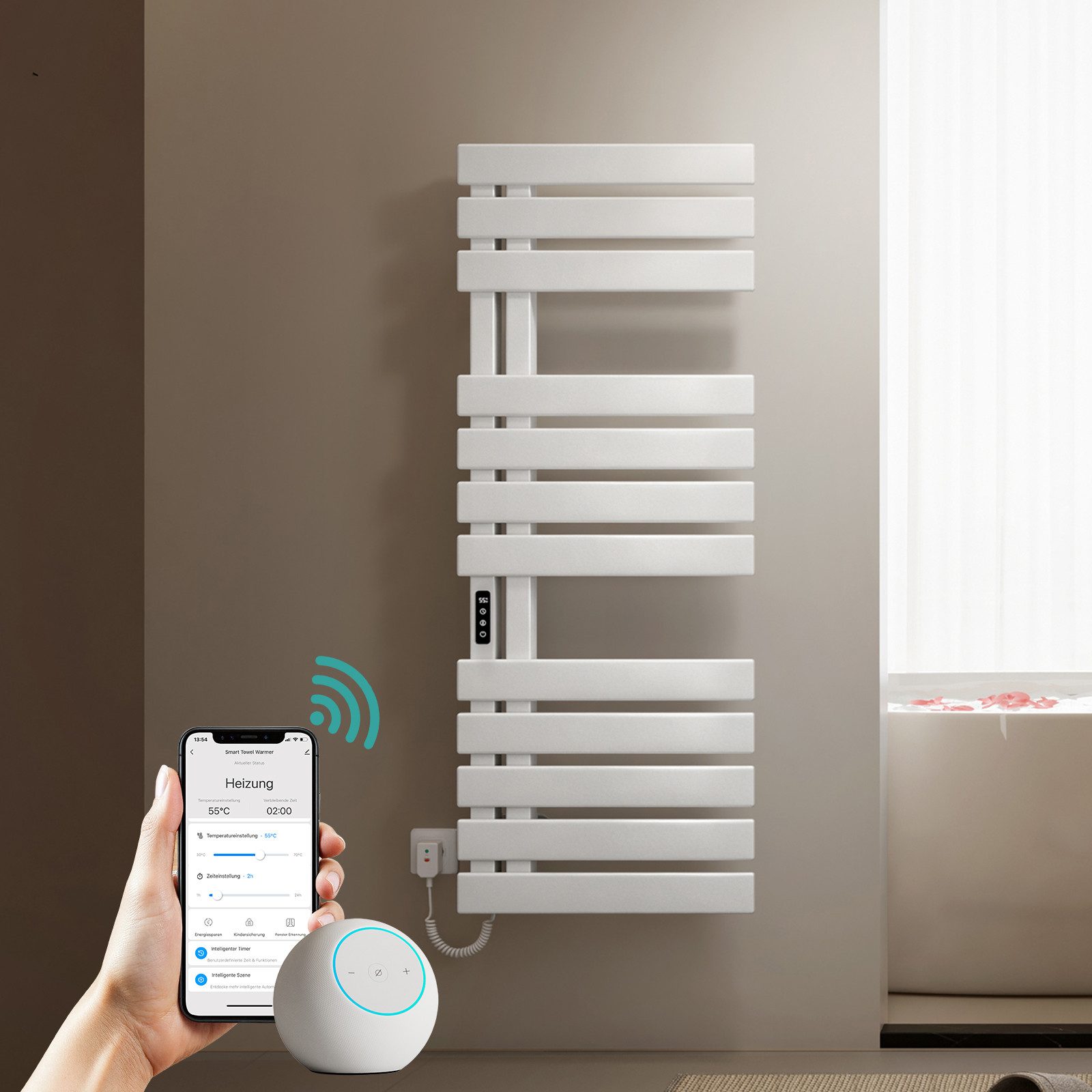 EMKE Elektrischer Badheizkörper Handtuchtrockner mit Smart Thermostat WLAN-/App-Steuerung Timer, Handtuchtrockner Flach Badheizkörper Links 130×50 cm