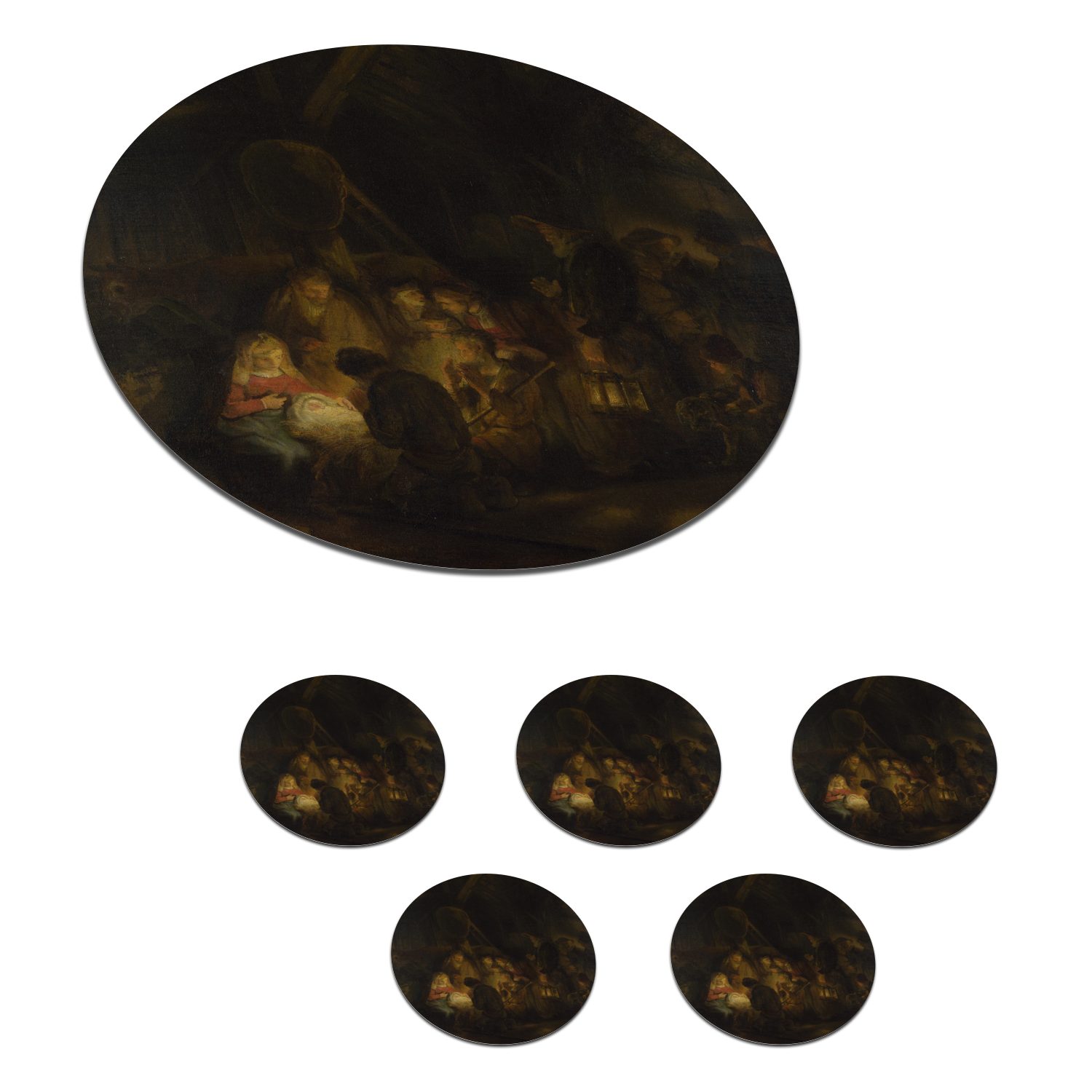MuchoWow Glasuntersetzer Anbetung der Hirten - Gemälde von Rembrandt van Rijn, Zubehör für Gläser, 6-tlg., Getränkeuntersetzer, Tassenuntersetzer, Korkuntersetzer, Tasse, Becher