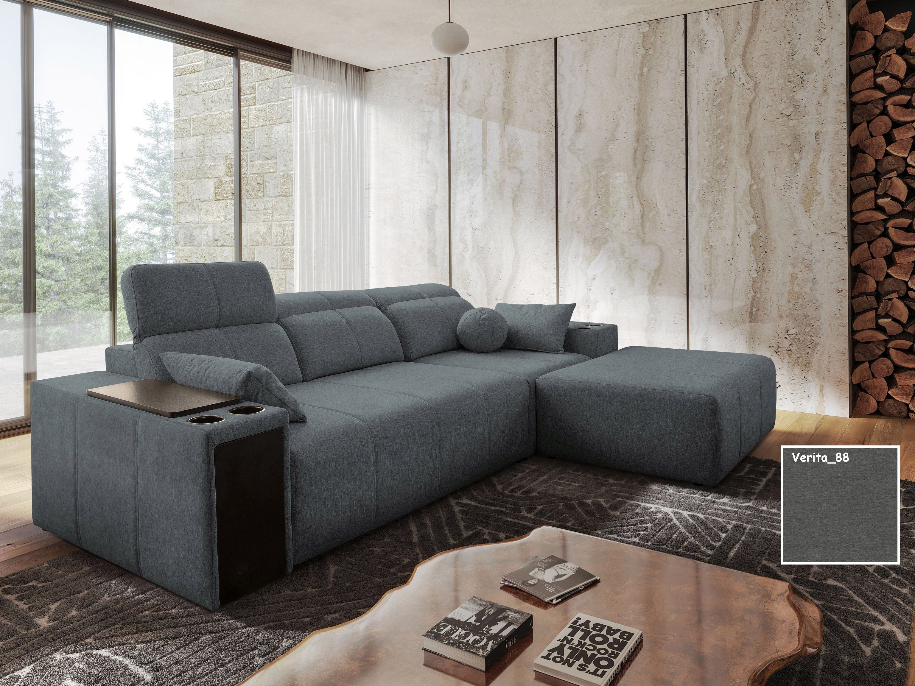 Möbel für Dich Ecksofa Ecksofa Mindy 1 – auch als Dreiersofa mit Hocker aufstellbar, mit Sitztiefenverstellung, USB, Minibar, Schlaffunktion, Bettkasten