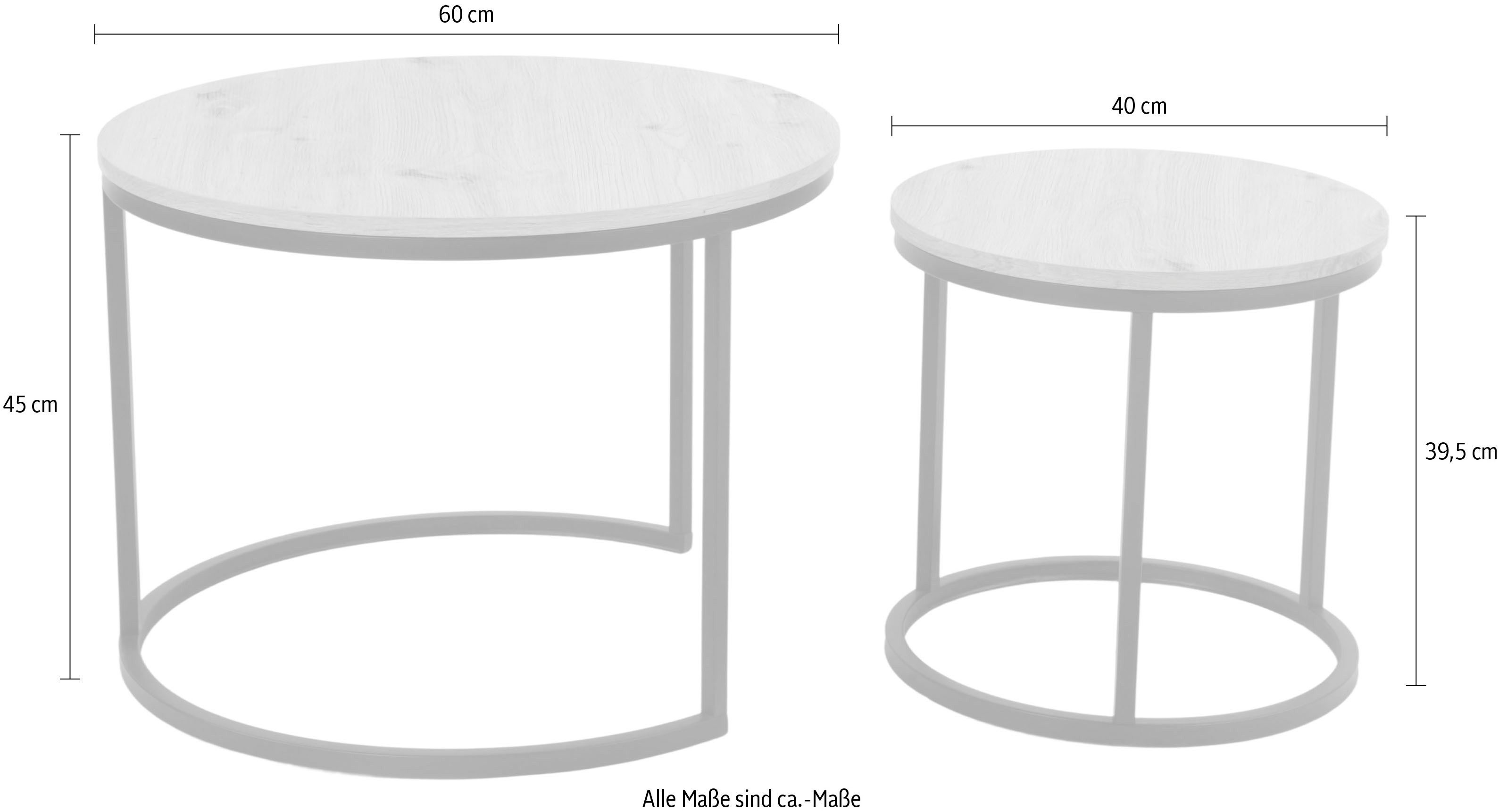 HELA Couchtisch LINDAU (Set, 2-St., 2er Set), 2er Set,Tischplatten rund,MDF,Eicheoptik,Metallgestell,Dia 60+40cm