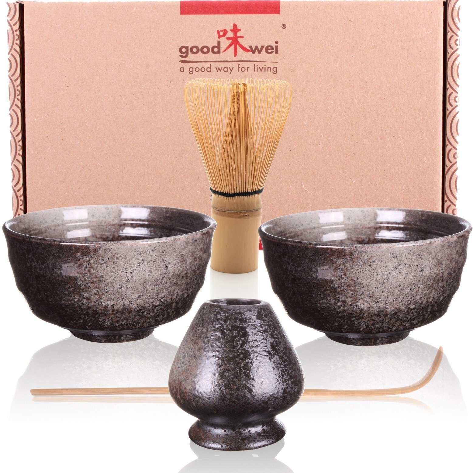 Goodwei Teeservice Matcha-Set "Goma" Duo mit 2 Teeschalen, Matchabesen und Besenhalter (5-tlg), Keramik