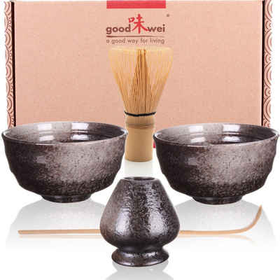 Goodwei Teeservice Matcha-Set "Goma" Duo mit 2 Teeschalen, Matchabesen und Besenhalter (5-tlg), 1 Personen, Keramik