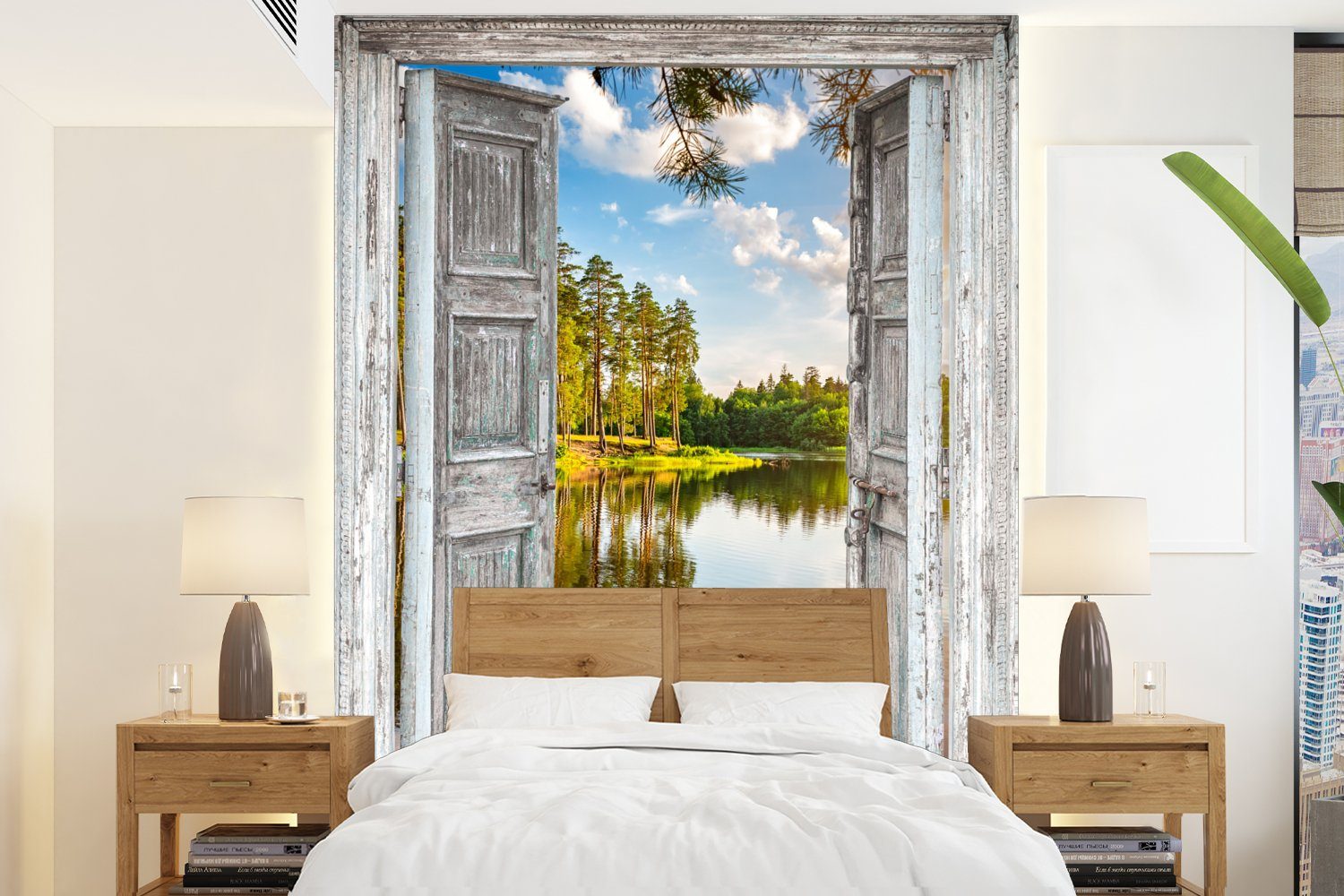 Aussicht, (4 Fenster - Landschaft Montagefertig Wohnzimmer, St), Vinyl - Tapete Matt, Wandtapete Wasser für MuchoWow Fototapete bedruckt, -