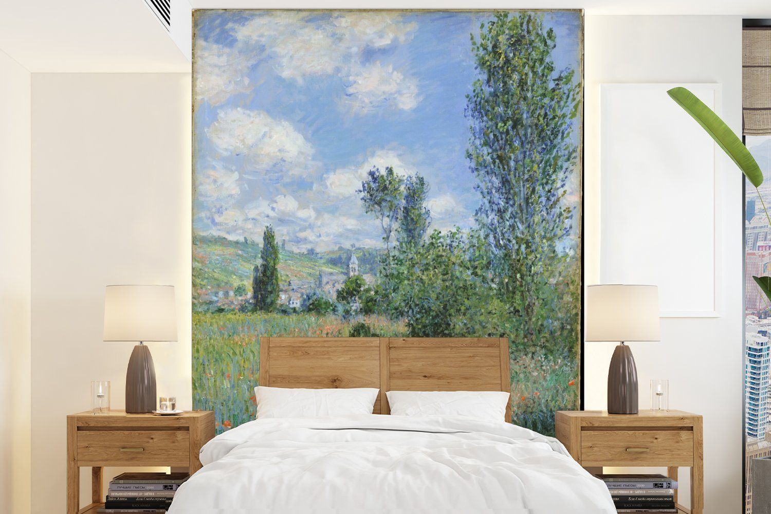 MuchoWow Fototapete Ansicht von Vétheuil - Gemälde von Claude Monet, Matt, bedruckt, (4 St), Montagefertig Vinyl Tapete für Wohnzimmer, Wandtapete
