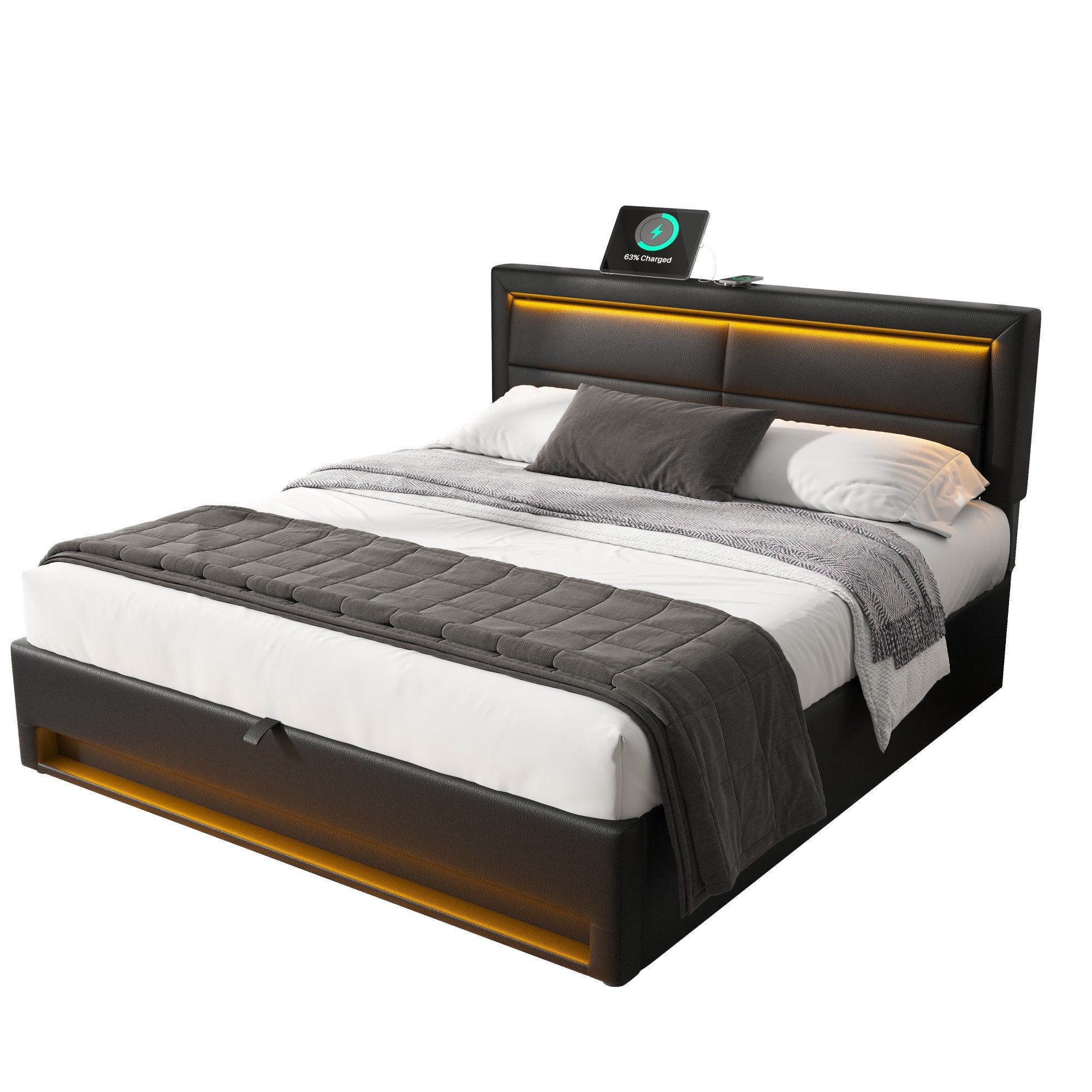 Flieks Polsterbett, LED Doppelbett 160x200cm mit Ladefunktion und hydraulis günstig online kaufen